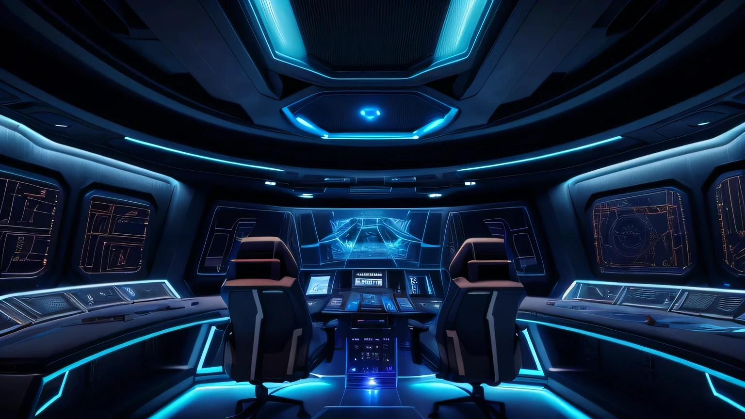 detailed sci-fi spaceship interior, futuristic control room, alien technology, glowing monitors, holographic displays, complex control panels, minimalist design, dark mood lighting, dramatic shadows, cinematic composition, hyper-detailed, 8k, high resolution, photorealistic, concept art style, moody color palette, cool tones