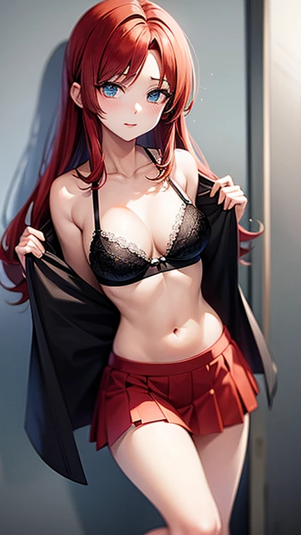 An anime girl with red hair and blue eyes wearing a skirt and an open shirt revealing a black and red bra
