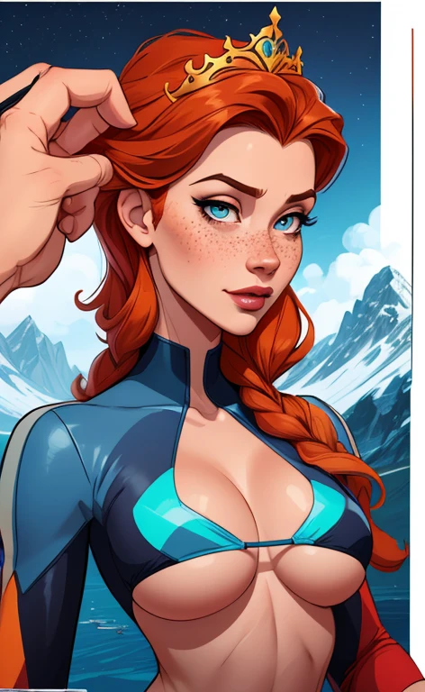 Beautiful portrait mode pose Cartoon character in dynamic pose two women together with freckles on their faces Disney princess Queen Anna of Arendelle with 1,60cm on the left and together with a symmetrical body and beautiful breasts, corpo bem definido, delicado e sensual, estilo de desenho animado, digital illustration Portrait mode a close up of two women Cartoon style digital illustration in bikinis in front of a mountain, artegerm e lois van baarle, artegerm e atey ghailan, modelo uniforme | artegerm, artegerm e Genzoman, artegerm comic, como visto em artegerm, artegerm e wlop, artegerm and rossdraws style digital illustration cartoon style