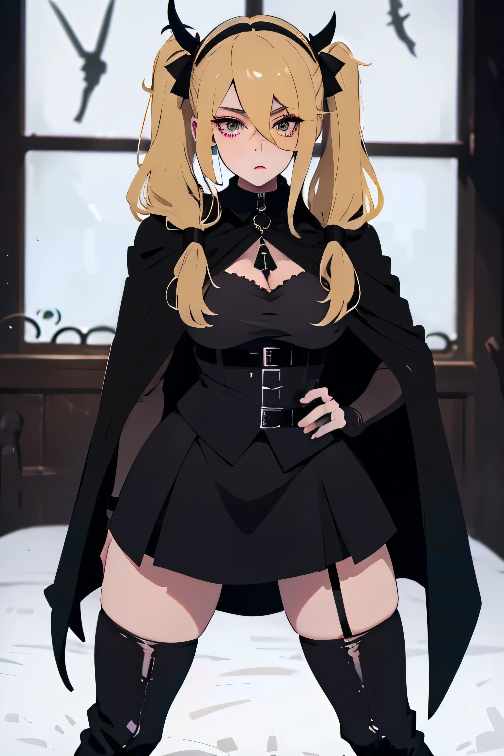 Masterpiece (Best Quality: 1.2), (Super Fine: 1.2) A slim thick woman with short blonde pigtails, wearing a plague doctor mask, dressed in a gothic black cape, a faux leather skirt, high black boots, and black thigh-high socks. She has brown eyes