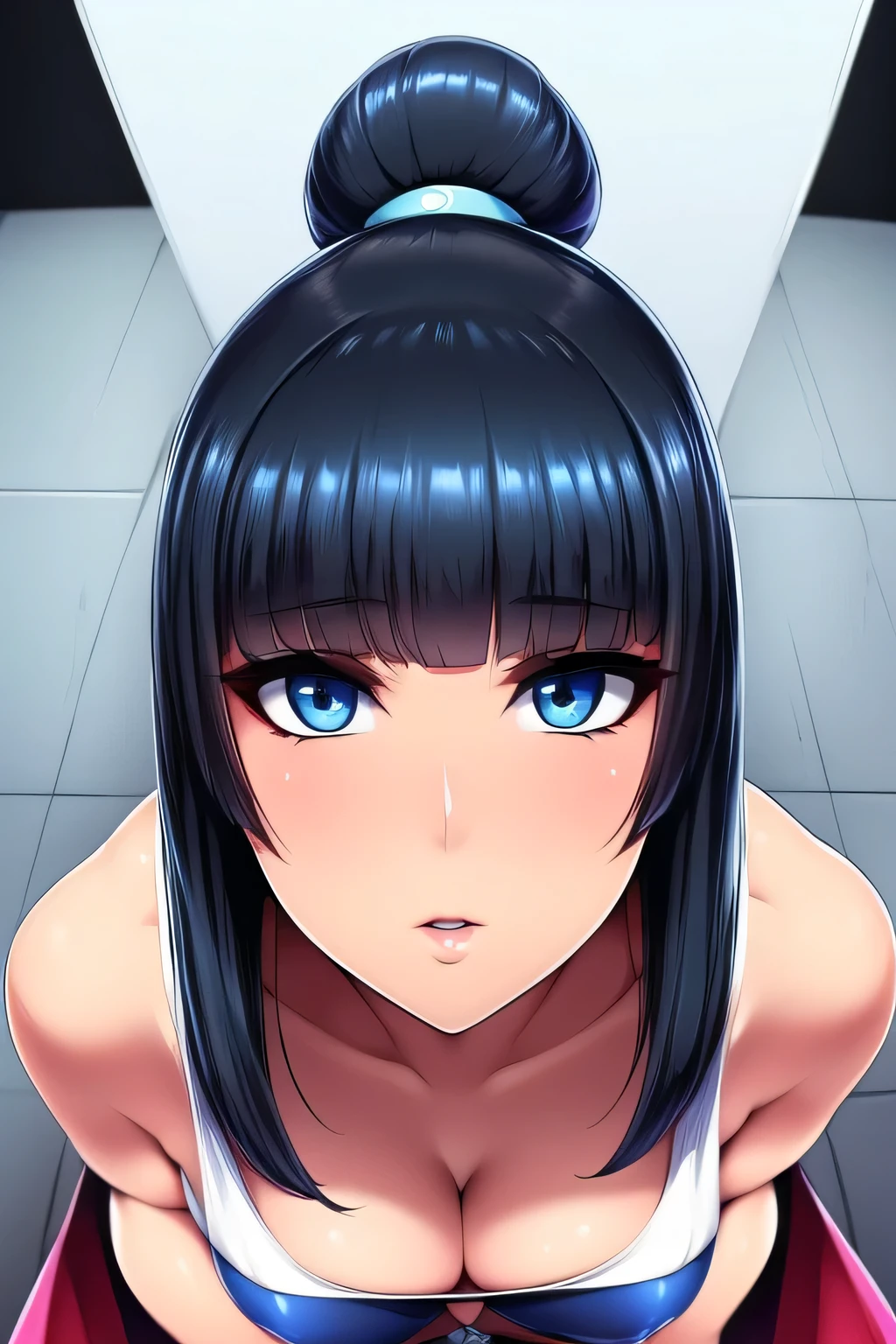 Una chica  Bella hermosa pecho grande cabello azul claro corto corte  su ojo gris labio azul se viste Brasier   y un falda blanco largo tacone  