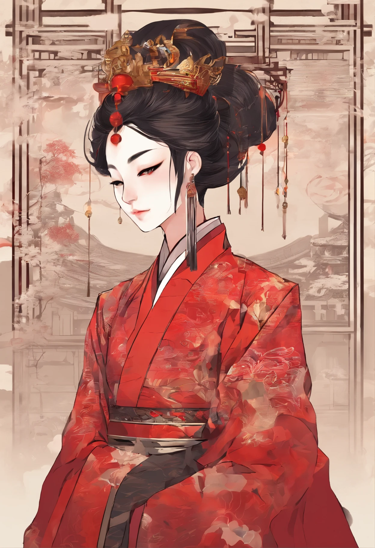 (Hyper-realistic 8K CG:1.2),perfect work of art,Exquisite pattern,Intricate details,(An unrivalled masterpiece,Best quality:1.2),(Extremely complex:1.2),woman in red and gold dress,Phoenix Coronet,Hairpin,(Sit on a red bed),cosmetic,blush,Very shy,Black_hair,look down,cosmetic,(Forehead Point),(2 red candles),Chinese_clothing,curtain,ear nipple ring,hair_decorate,Hanfu,inside the room, Jewel-like,Red nails,long_sleeve,Red Dress,Red lips,Nipple tassels,(Red quilt),(red palace:1.2),(Chinese Ancient Architecture),(rot:1.8),night,Perfect hands