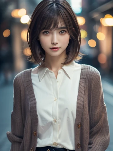 1 Japanese girl,((Fashionable shirts:1.4)),(Wearing a cardigan over a shirt), (RAW Photos, highest quality), (Realistic, Photorealistic:1.4), Tabletop, Very delicate and beautiful, Very detailed, 8k wallpaper, wonderful, In detail, Very detailedなCG Unity, High resolution, Soft Light, Beautiful details 25 years old, Very detailedな目と顔, Beautifully detailed nose, ((Beautiful fine details,Looking at this)), Cinema Lighting,City lights at night,((Perfect Anatomy),Slender body, G-Cup:1.4), smile (My hair is messy, Asymmetrical bangs, Dark brown hair,short hair:1.4)