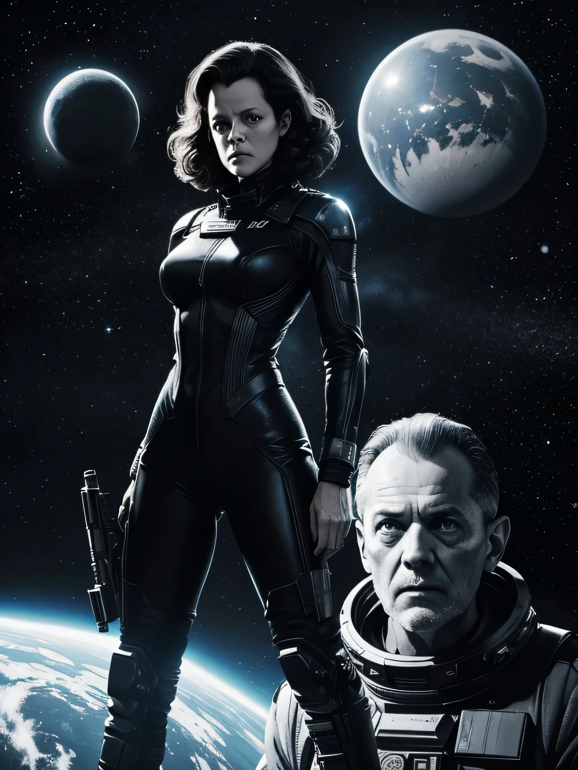 giant alien monster on the planet inside the spaceship Sigourney Weaver she using a huge gun to kill alien,explosion,Depois de dormir por 57 anos, the only survivor of a space tragedy discovers that the place where everything happened to her ship has been colonized and, despite the pressures, decides to return to save the 70 families there. Mas mesmo com todo o armamento, they are no match for the hundreds of aliens that have invaded the colony. Bela arte de linha, black and white comic style, manga art style, pencil and ink caricature drawing, black and white coloring,arte vector preto e branco