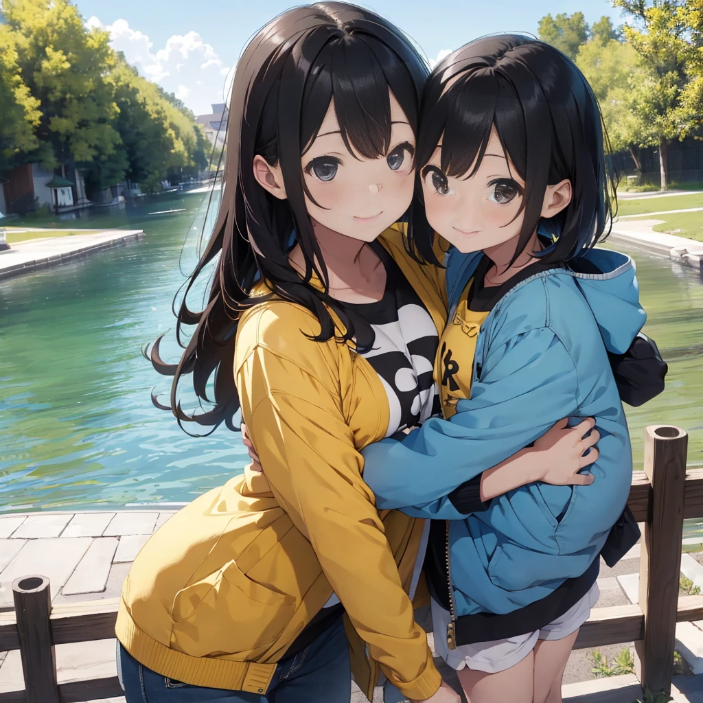 highest quality,masterpiece,超A high resolution,Perfect Anatomy,(Faithfulness:1.4),RAW Photos,smile,Children of short-haired boys,Woman with long hair and 2 year old boy with short hair,a woman and small boy, Mom and short-haired son,Gorgeous Mother And Smiley Boy,(Lake on a sunny day),Cowboy Shot,Cinema Lighting,Fashion model parents,Adorable,, (Browsing Caution:1.2)、(Hugging a black-haired baby)、(Long-haired mom and short-haired son)、(Mother in yellow jacket and son in blue jacket)