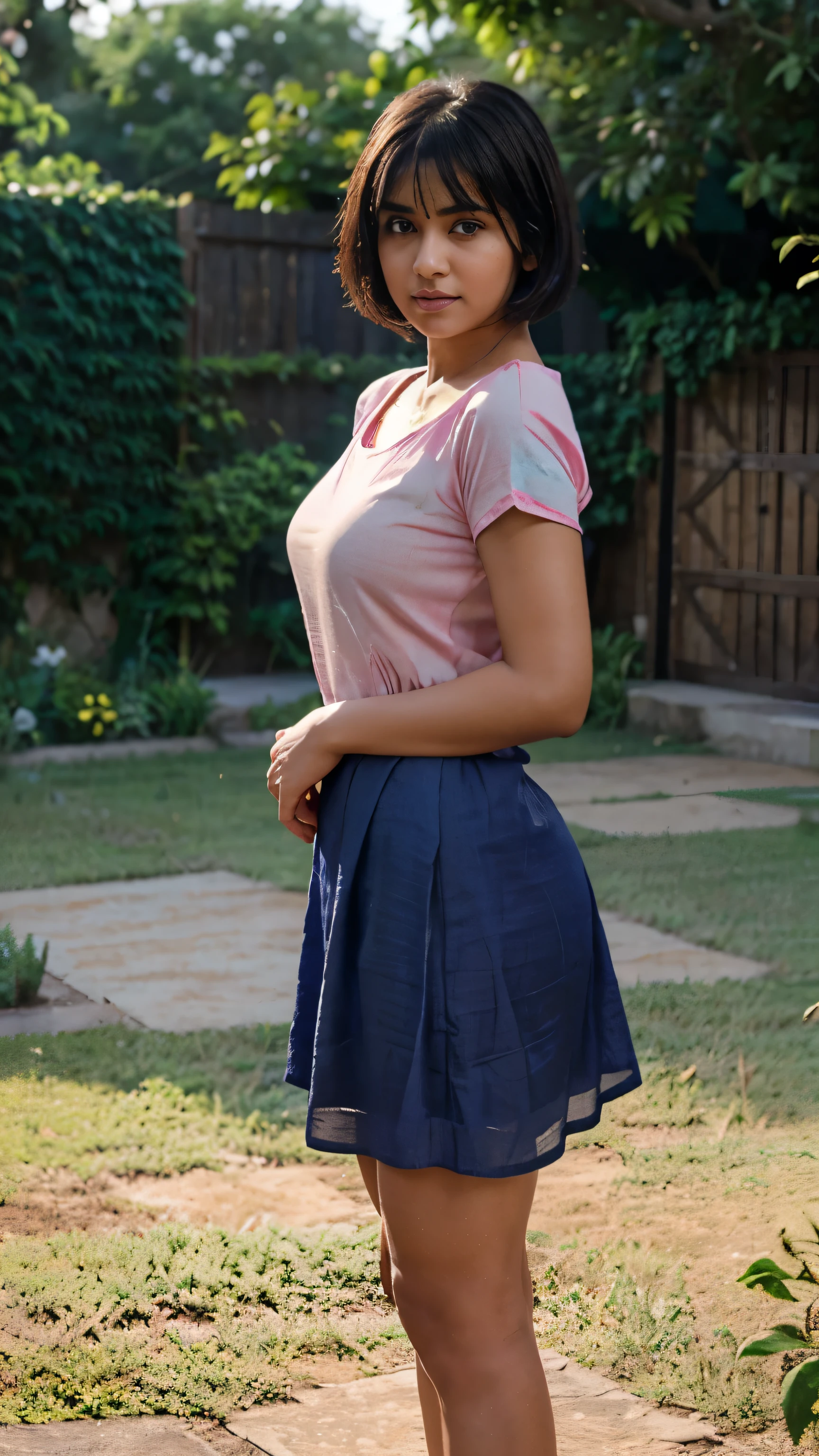 best quality, face focus, soft light, ultra high res, (photorealistic:1.4), Indian-American girl ,RAW photo, girl, solo, cute, (shy smile:0.5), (brown eyes, lights in the eyes), detailed beautiful face, (huge boob),(high resolution detail of human skin texture), (short bob hair), BREAK,  wearing loose blue kurti , round neck and pink skirt 18 year old, girl , short black hair , bangs on forehead of hair, full body ,simple standing  pose on ground,  , cool atmosphere,shot from low camera angle , realistic  garden , morning time , detail hands , attractive body shape , more details h finger , hot pose ,  big chest ,
