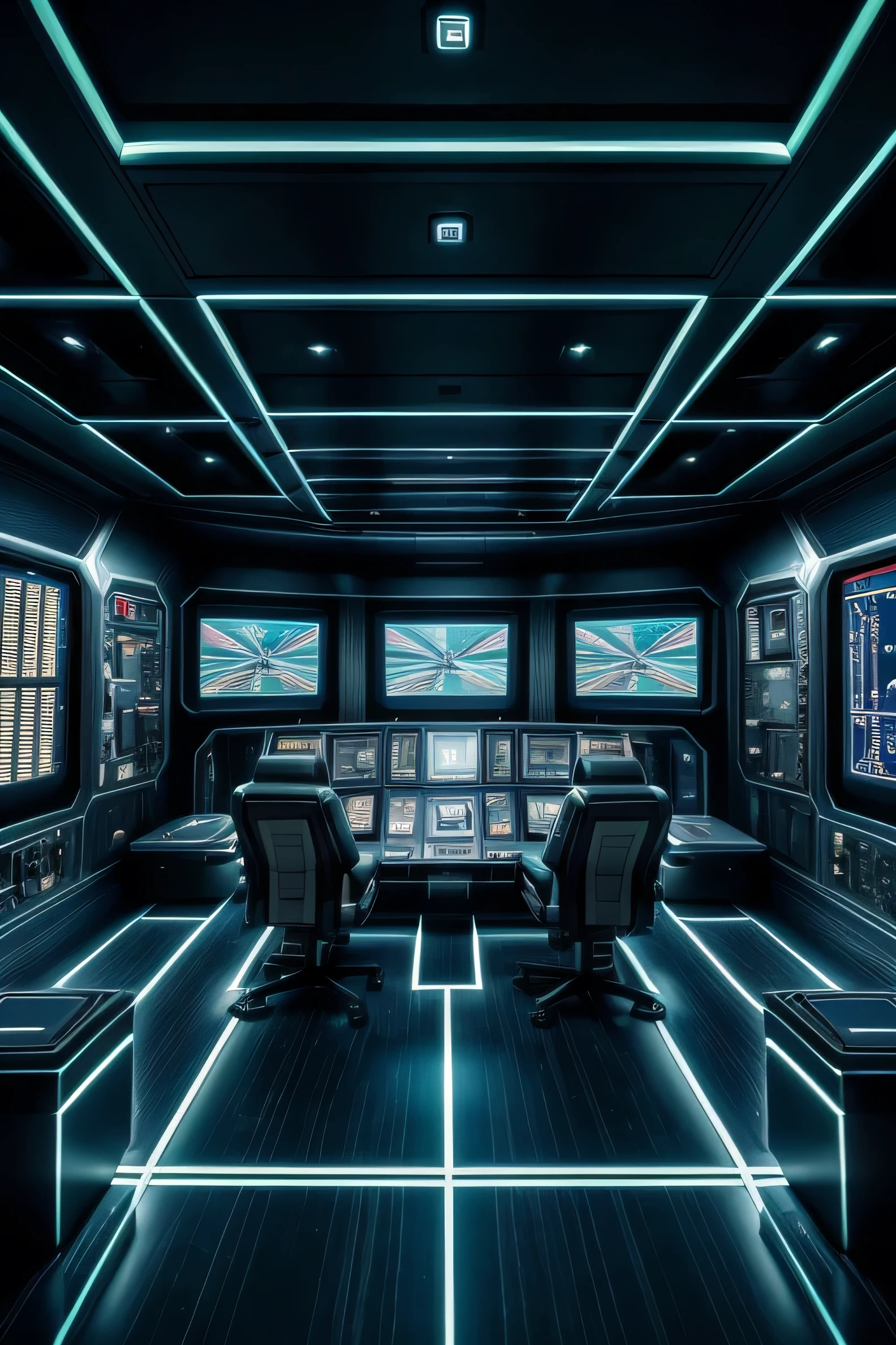 a highly detailed, cinematic, futuristic interior of an unmanned intergalactic spacecraft command center, complex machinery, holographic displays, advanced technology, metallic surfaces, moody lighting, dramatic shadows, blue and green color tones, (best quality,4k,8k,highres,masterpiece:1.2),ultra-detailed,(realistic,photorealistic,photo-realistic:1.37),cinematic angle,concept art style,precise engineering,intricate details