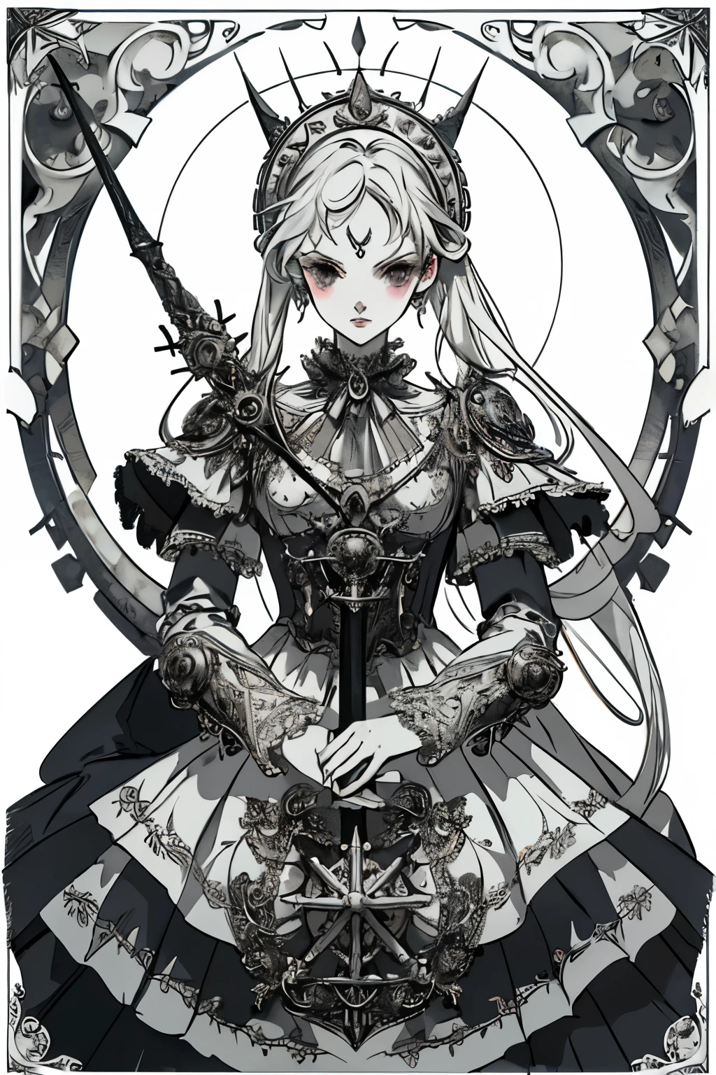 ((best quality)), ((masterpiece)), (detailed), blank white background, plain background, white background, Bloodborne inspired,  occult aesthetic, occult, detailed and intricate steampunk and detailed gothic, (zentangle, mandala, tangle, entangle),  NSFW, torn clothing, Very dramatic and cinematic lighting, cosmic horror, grim-dark, side-lighting, perfect face, a beautiful goddess adorned and enshrined in armour, Bloodborne inspired , occult aesthetic , occult , detailed and intricate steampunk and detailed gothic , wielding a sword and holding a shield, NSFW, Fluttering lace flared long knee length dress with frilly petticoats, knee length dress, pleated petticoats, lolita dress, petticoats gothic lolita, side-lighting, gothic lolita aesthetic, beautiful small breasts, small breasts, full body, whole body, body, plain background, white background, blank background, no background, white background NSFW, full body, whole body, head-to-toe