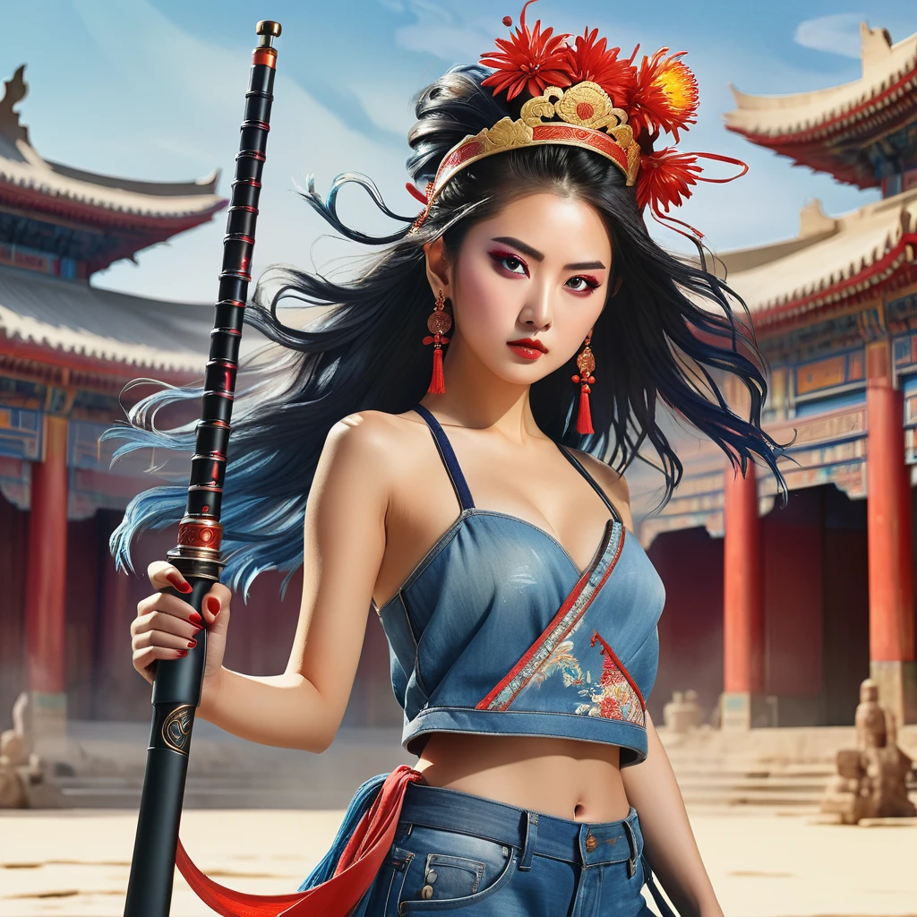 Best quality, masterpiece, super detailed high resolution, (realistic: 1.4), watercolor style, illustration, dazzling background color,, 1 topless Girl Holding Weapon, (Solo Exhibition: 1.2), (Denim Lens: 1.2), (Hair Crown: 1.2), Chinese Dunhuang Traditional Costume, No Straps, (Red Eyeliner: 1.2), (: 1.4), Earrings, Dynamic Angle, Opera House, messy_long_hair, Ink, Movie Lights, lens_flare, Velvet, Chrysanthemum, Tassels, Ribbons, Color Embroidery,