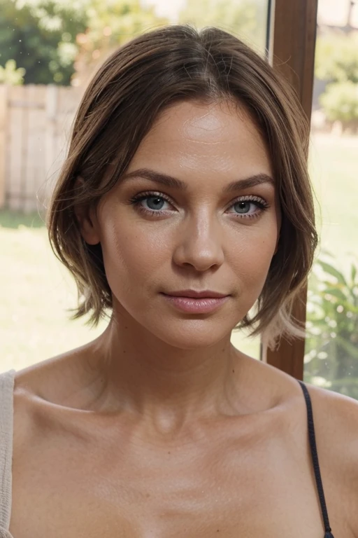 1 fille 47ans sexy aux yeux gris verts, cheveux bruns et grands yeux,sans maquillage, maquillage naturel, regarder directement la caméra