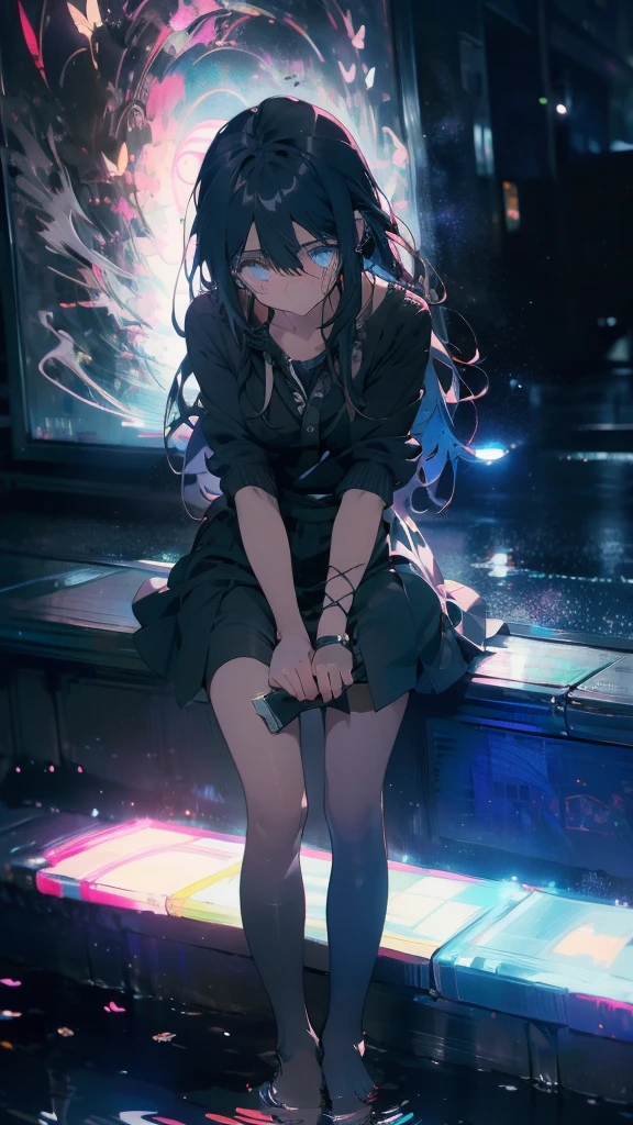 1 anime girl, alone,,Black petals flutter, A mysteriously shining butterfly.city,thin legs,Gloomy cloudy sky,sad expression,very clear,highest quality,city,standing on the street corner,Are crying,tears,close up of face,Sit in the water,barefoot,holding a book in hand,Sit down