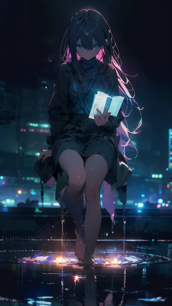 1 anime girl, alone,,Black petals flutter, A mysteriously shining butterfly.city,thin legs,Gloomy cloudy sky,sad expression,very clear,highest quality,city,standing on the street corner,Are crying,tears,close up of face,Sit in the water,barefoot,holding a book in hand,Sit down