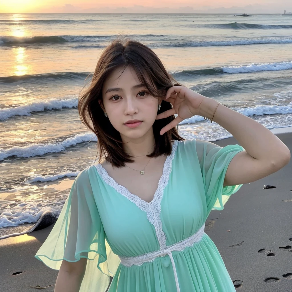 Uma coreana de cabelos longos e olhos azuis em um vestido branco olhando o por do sol em uma praia, melhor qualidade