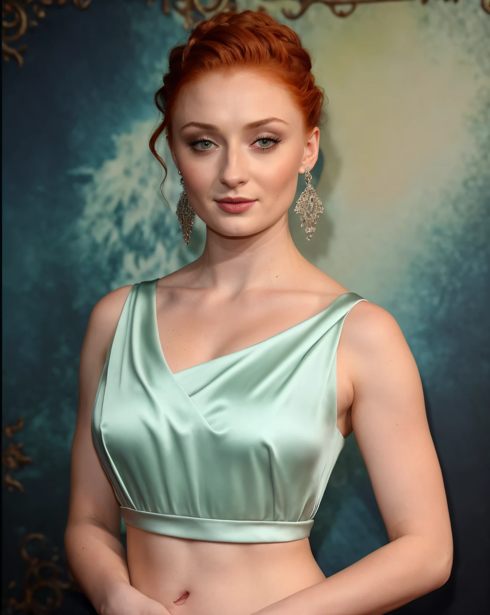 Face of Sophie Turner, Sansa Stark played by Sophie Turner, the de facto Lady of the Eyrie, is a 40-year-old mature queen with a stunning, alluring appearance. Full Face, pierced eyes, reddish lips, upper body shot, erotic Mediaeval costumes, game of thrones costumes, She wears a Game of Thrones-inspired costume and has a deep cleavage, a perfect thick body, and a perfect thick figure. The photograph captures her in a close-up, with her skin texture and facial features being ultra-realistic and realistic. Juicy thick figure, high quality skin, Skin pores, amazing details, snow, snow flakes, semi realistic, extremely detailed eyes, dark moody orange and black settings, cool environment, artificial intelligence