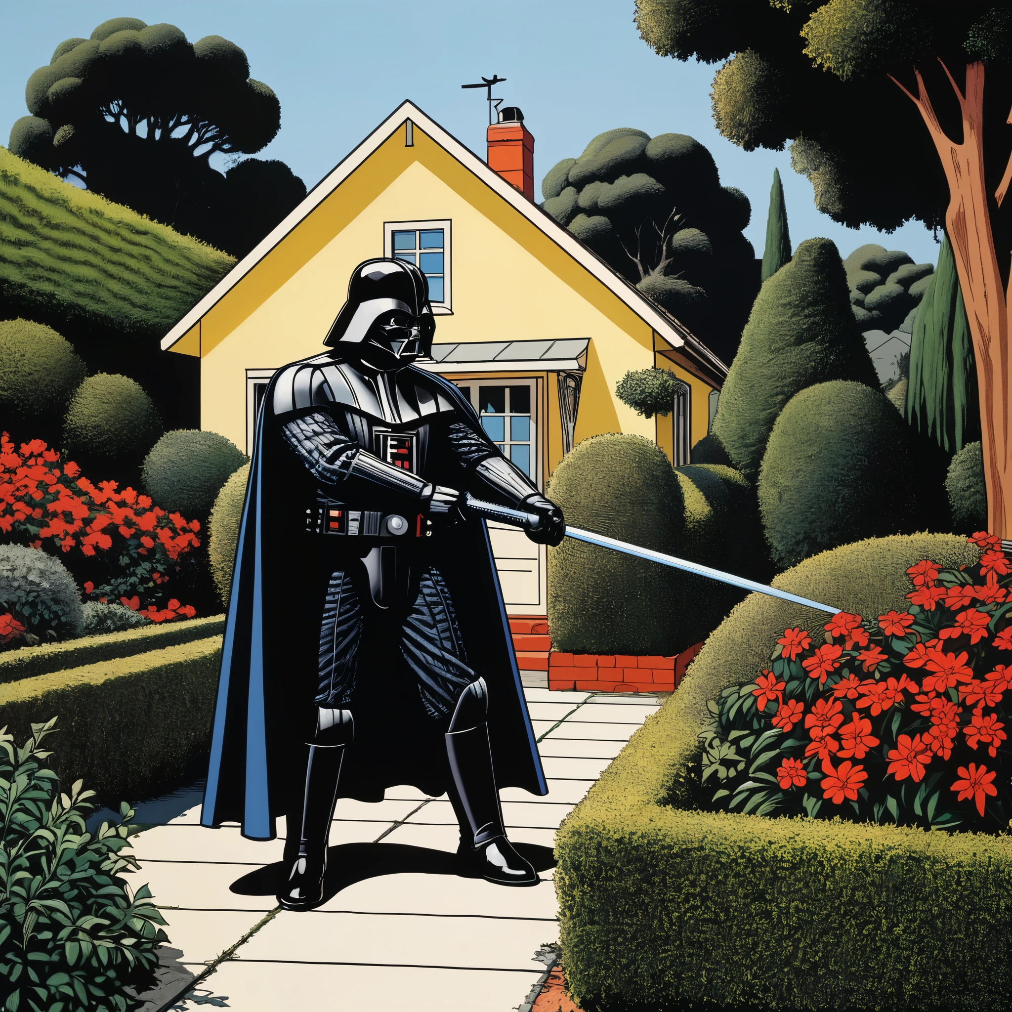 Darth Vader shearing a hedge outside a cottage on the outskirts of Los Angeless. Roy Lichtenstein, cartoon art, perfect, smooth.