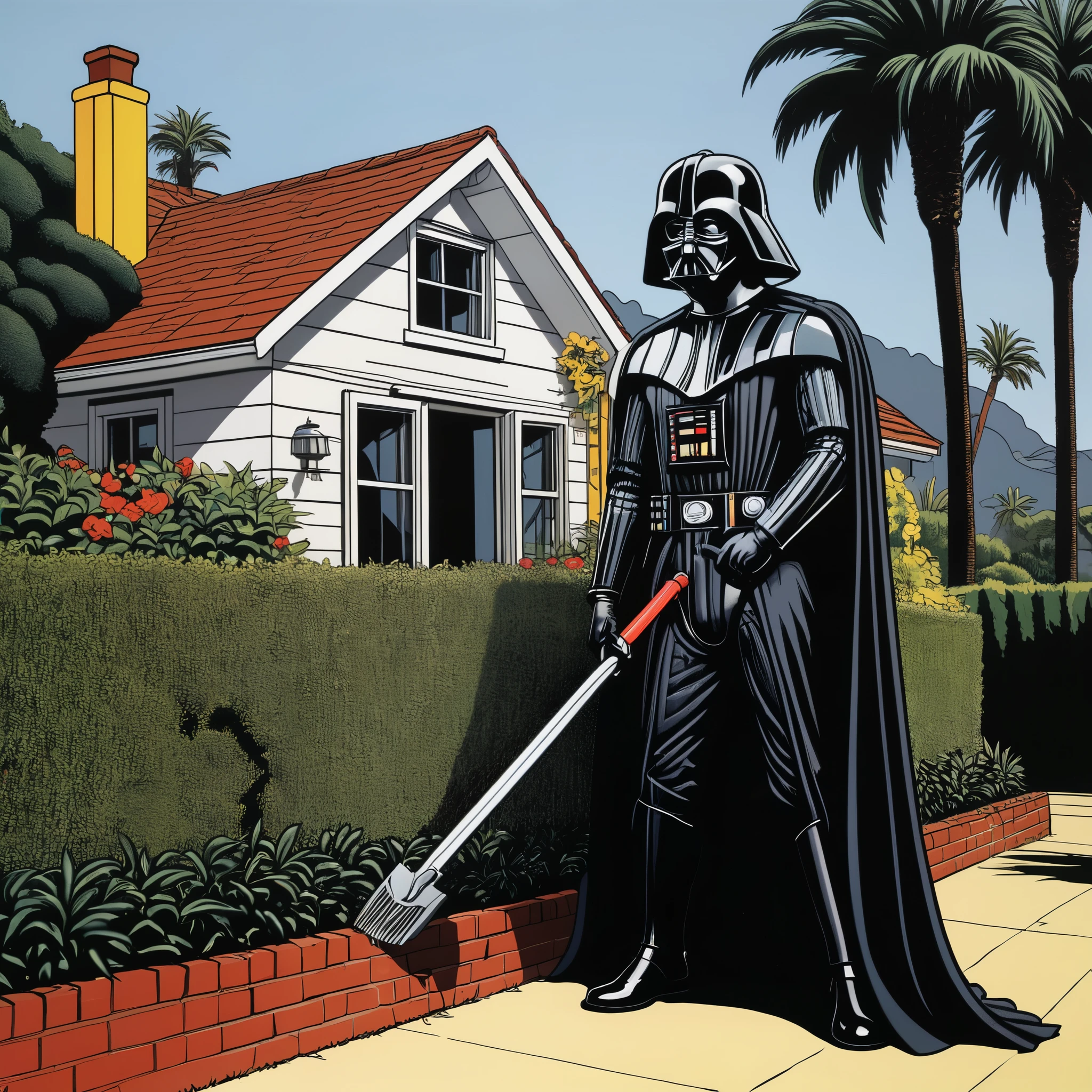 Darth Vader shearing a hedge outside a cottage on the outskirts of Los Angeless. Roy Lichtenstein, cartoon art, perfect, smooth.