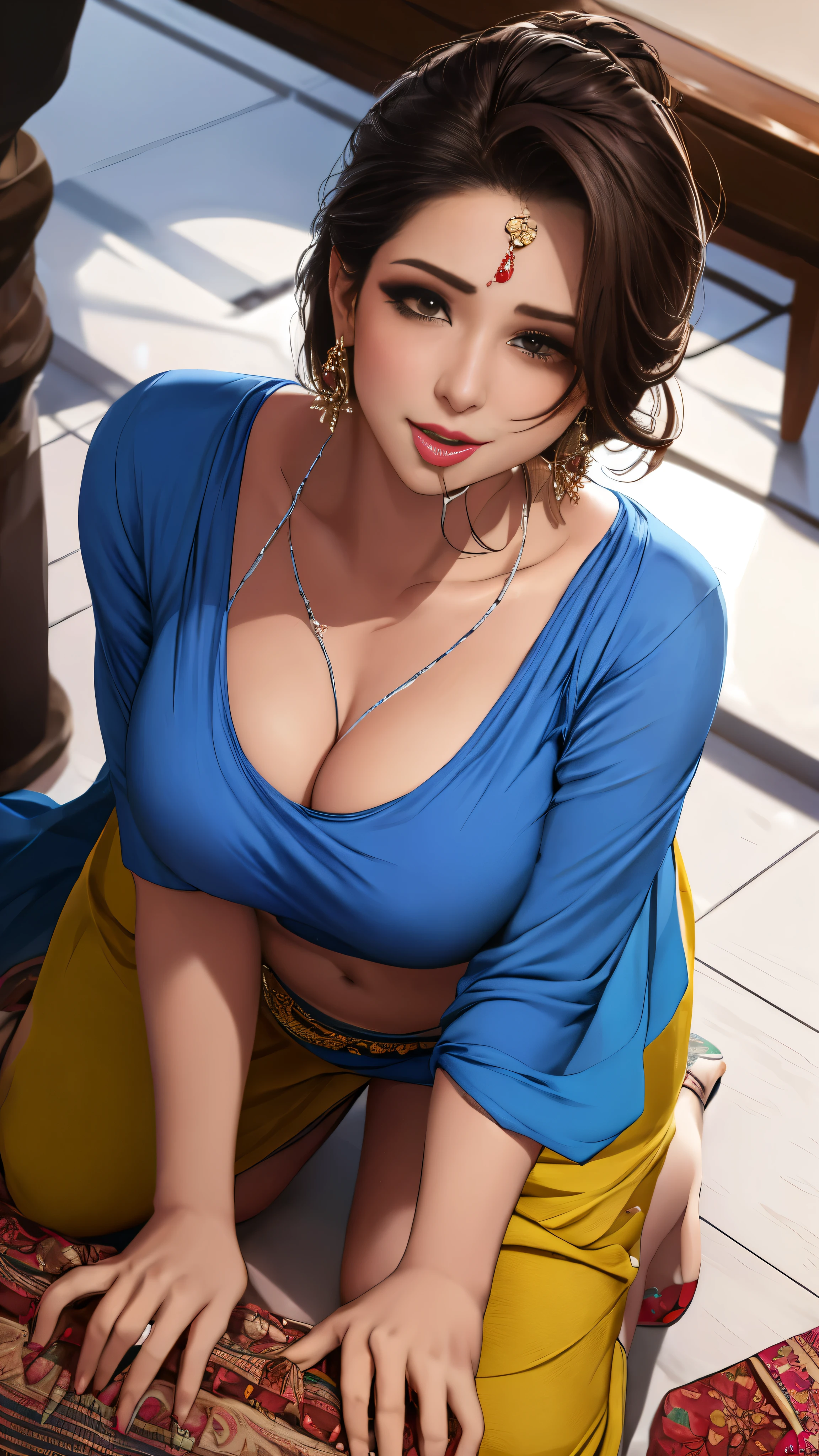 1girl, 1boy,female, medium chest,Indian religion, saree,sweaty,tall height, smirk, Nose piercing, brown hair,(masterpiece, best quality, high-resolution), beautiful brown skin, saree indian, only jewellery,navel, beautiful eyelashes,brown eyed,high angle shot,ultra high quality, ultra high clarity,8k, kneeling down on floor, seeing upwards,tounge out and mouth open, happy face, seen from upwards,full saree, traditional saree, traditional blouse, holding a dick, seducing look at viewer, seducing face, ultra high quality face, realistic representation of face,a man holding her face,dick inside her mouth
