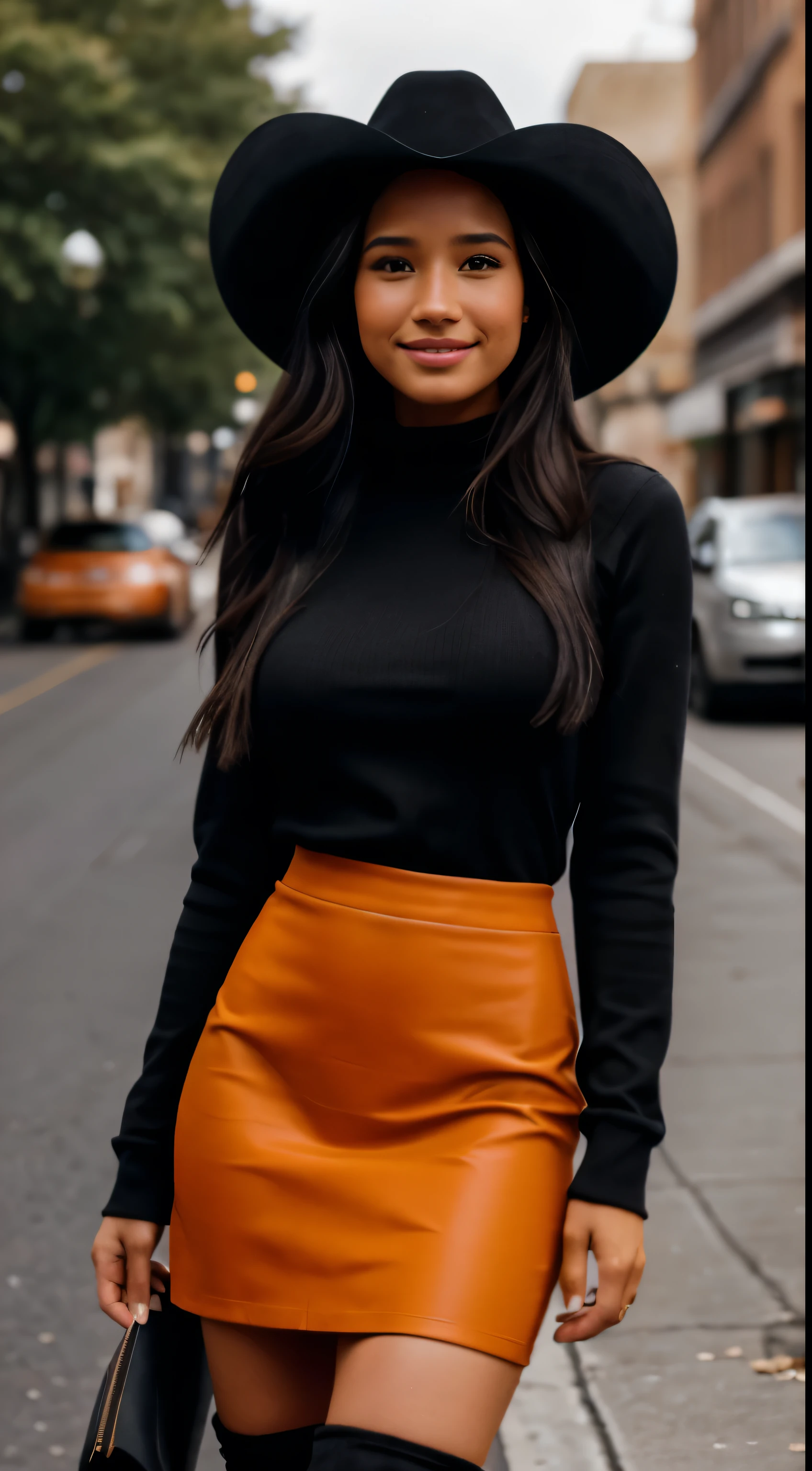 Foto hiper-realista de Kelsey Asbille (americano nativo ((pele escura clara))), Obra de arte, melhor qualidade, (Fotorrealista:1.4), corpo todo,  (top laranja de manga comprida:1.1) e (black black midi midi pencil skirt:1.1), (botas:1.2), (black cowboy hat) na rua da cidade ocidental. cinematic light, linda mulher, Magrelo, grandes seios grandes, cabelo preto longo, rosto detalhado, sorriso, facing the camera, photo taken from a distance, idade de 25 anos, camera filter in pastel colors,