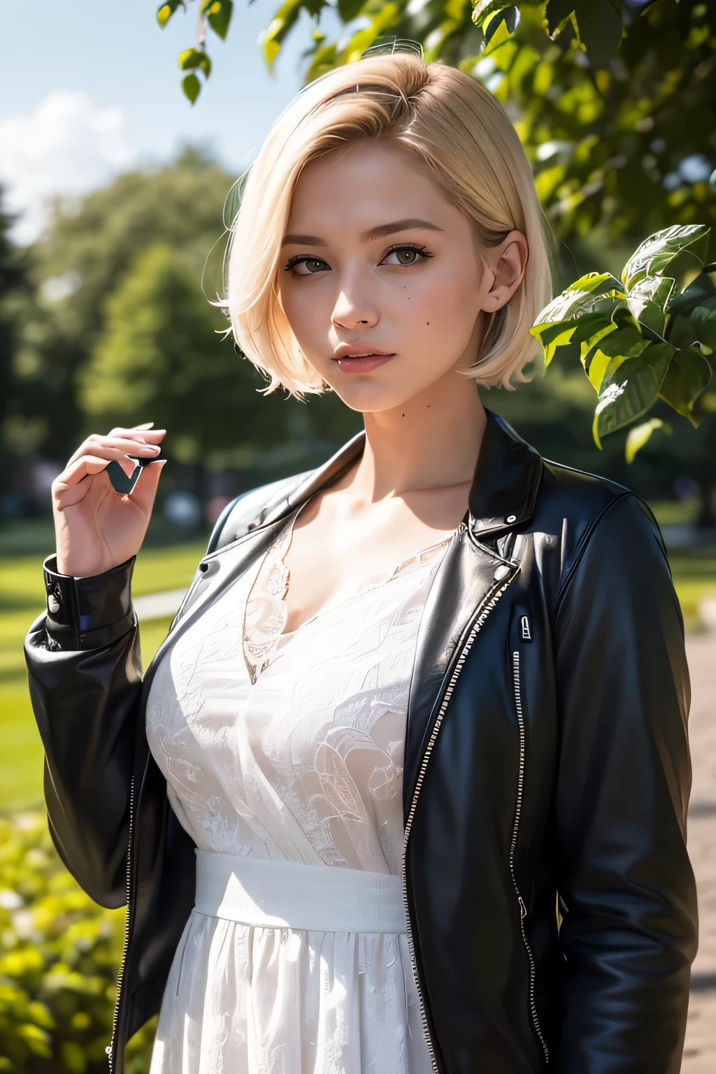 A girl in a garden, 1girl, short hair, bright yellow hair, alone, dress, detailed eyes, looking at viewer, long sleeves, standing, white dress, gloves, hair ornament, black jacket, smiling, floating hair, dutch angle, closed mouth, averted eyes, (centerpark), cloudy sky, blue sky, warm colors, (best quality,4k,8k,highres,masterpiece:1.2),ultra-detailed,(realistic,photorealistic,photo-realistic:1.37),HDR,UHD,studio lighting,ultra-fine painting,sharp focus,physically-based rendering,extreme detail description,professional,vivid colors,bokeh,portraits