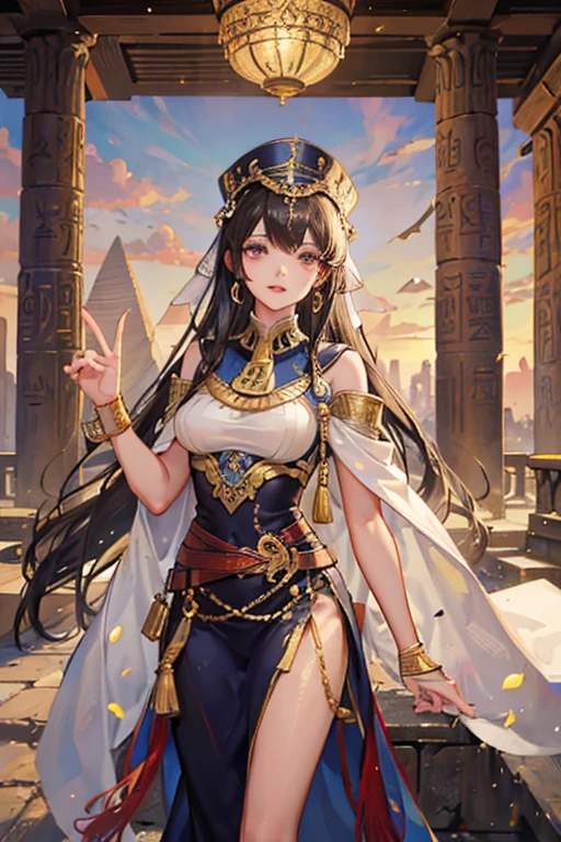 Ancient egypt traits girl, 20 years old, ancient egypt dress, ancient egypt city background