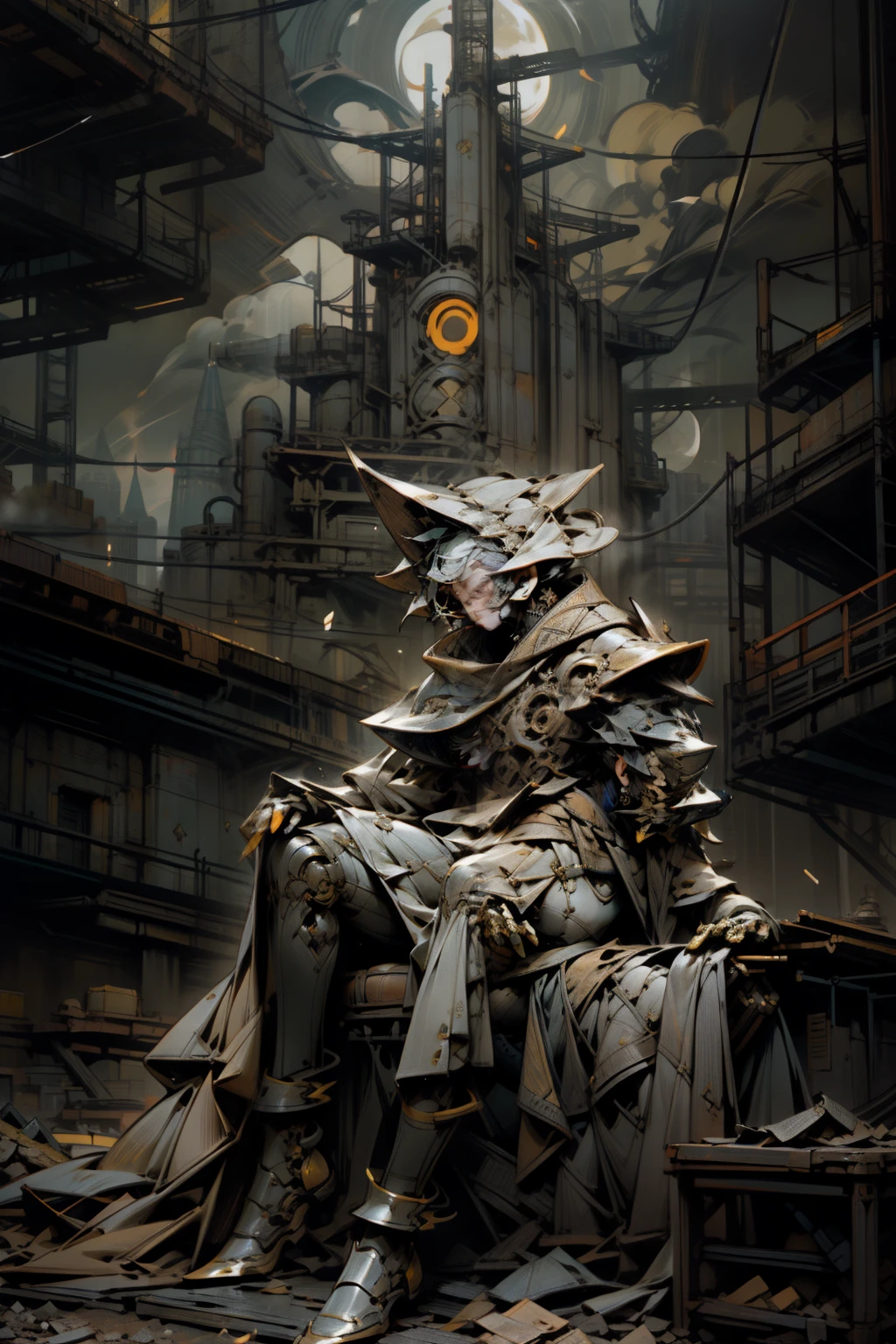 Dystopian and Eerie Landscape of Dis Topia:
Under the dismal moonlight, a smoky haze breathes life into the desolate landscape. From a low perspective, the dystopian cityscape stretches out, its tall, twisted structures reaching for the hauntingly pale moon. Amidst this eerie setting, a female warrior commands attention, her silhouette seated atop a crumbling pile of bricks.
Her appearance exudes mystery and power, adorned in a complex set of white and silver armor. Intricate patterns dance across the armor, contrasting with subtle orange and yellow highlights that sparkle under the moon's glow. Resting at