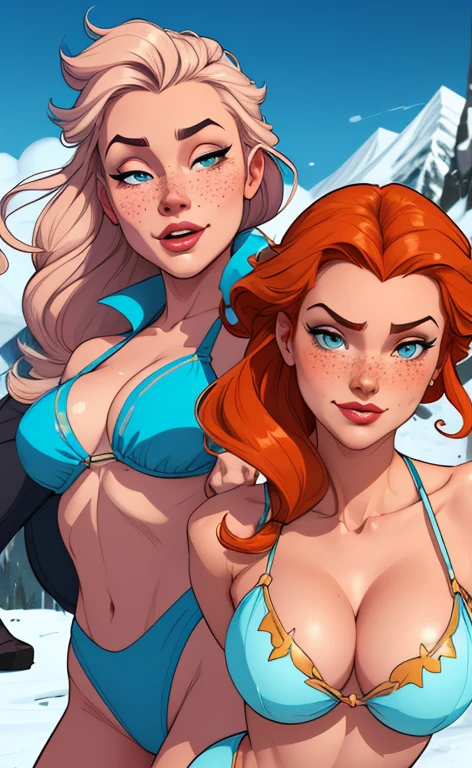 Beautiful portrait mode pose Cartoon character in dynamic pose two women together with freckles on their faces Disney princess Queen Anna of Arendelle with 1,60cm on the left and together with a symmetrical body and beautiful breasts, corpo bem definido, delicado e sensual, estilo de desenho animado, digital illustration Portrait mode a close up of two women Cartoon style digital illustration in bikinis in front of a mountain, artegerm e lois van baarle, artegerm e atey ghailan, modelo uniforme | artegerm, artegerm e Genzoman, artegerm comic, como visto em artegerm, artegerm e wlop, artegerm and rossdraws style digital illustration cartoon style