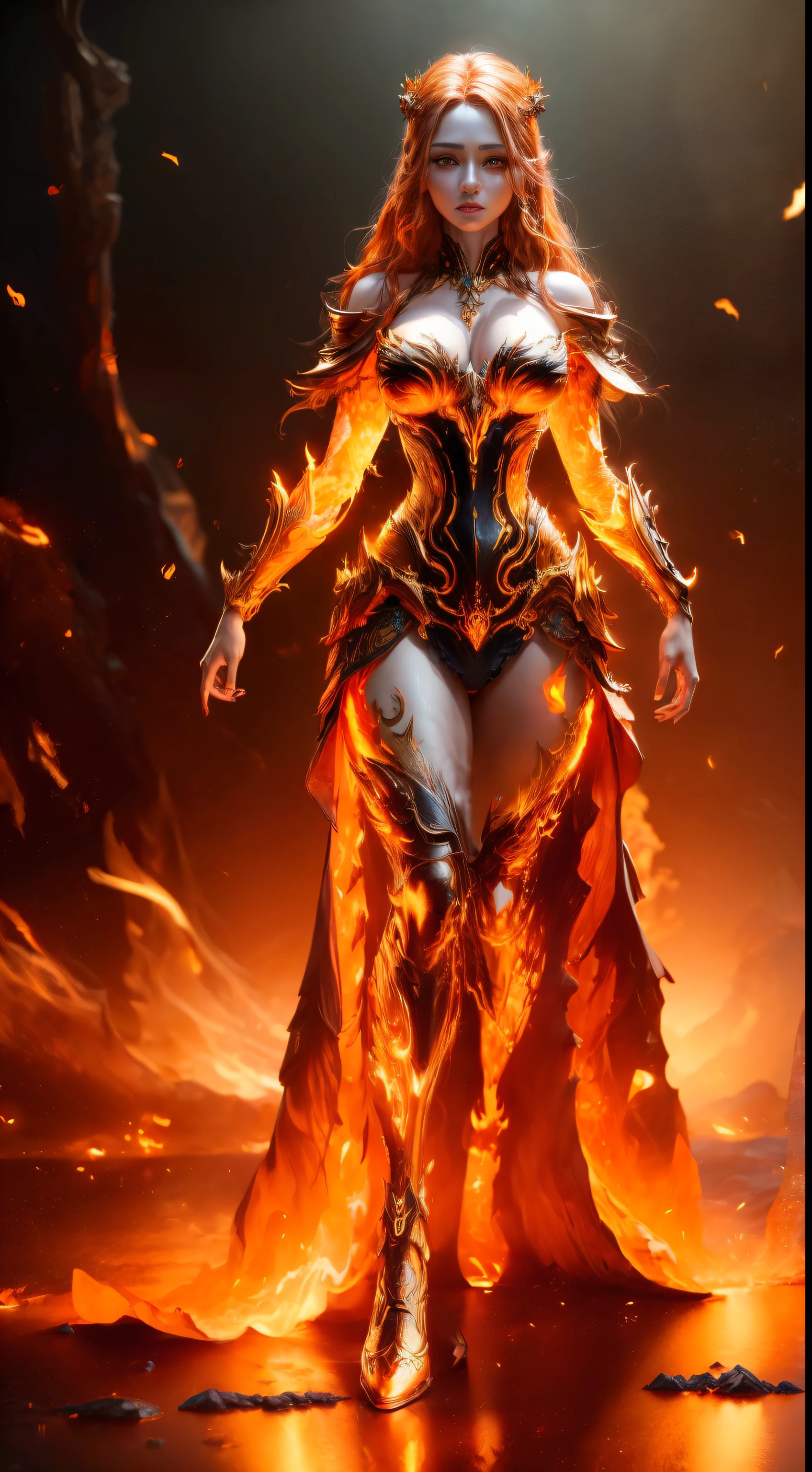 a beautiful detailed fantasy female fire druid with intricate fiery ornate gown, (orange and gold eyes:1.3), extremely detailed eyes and face, longeyes lashes, beautiful detailed lips, standing in a raging inferno with fiery magical creatures like birds and butterflies, glowing embers, stones, silk, iridescent flames, dynamic composition, (best quality,8k,ultra-detailed,photorealistic,masterpiece:1.2),fantasy,trending artists on Artstation and Midjourney,cinematic lighting,dynamic camera angle.best 8k . excellent 8k.excellent features