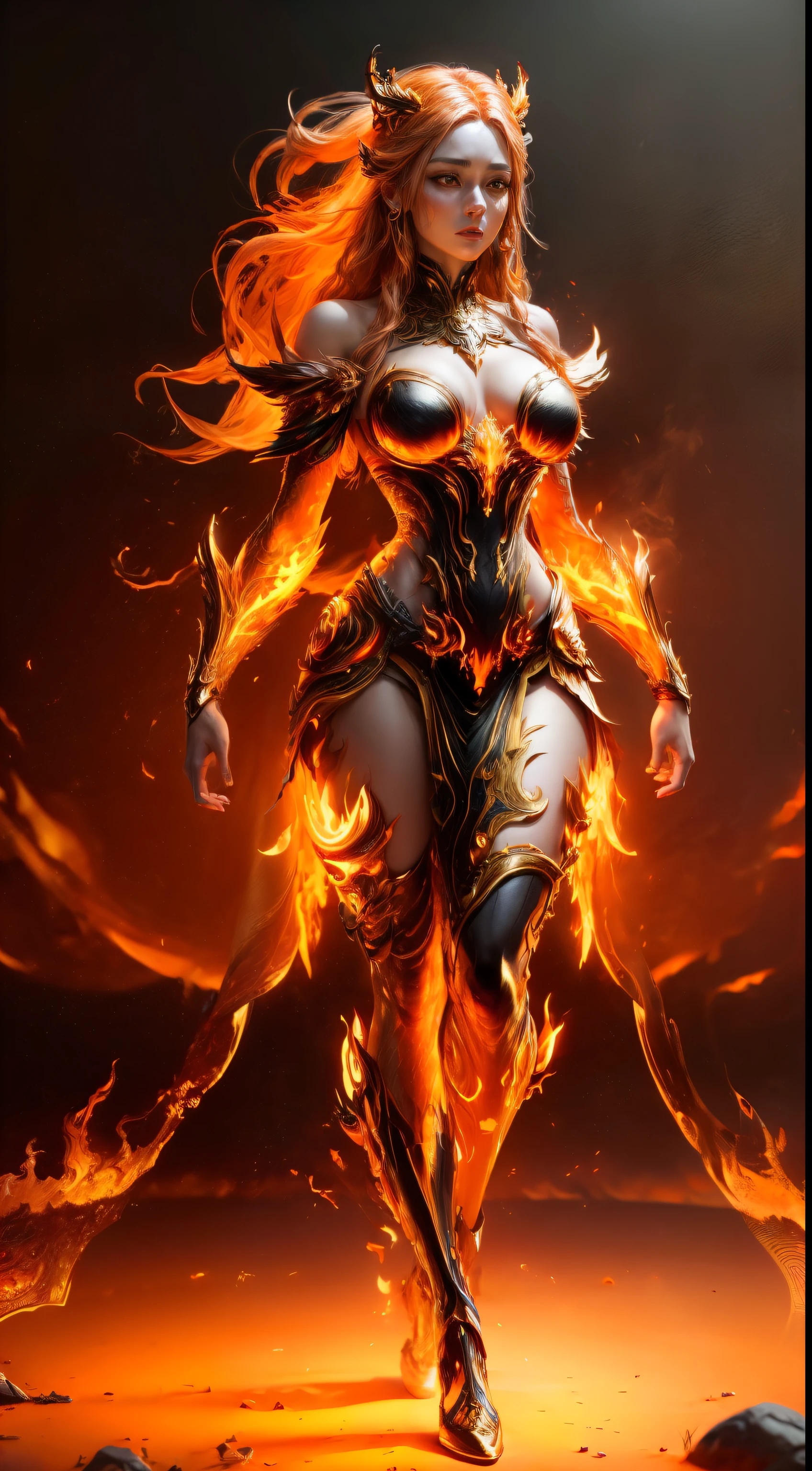 a beautiful detailed fantasy female fire druid with intricate fiery ornate gown, (orange and gold eyes:1.3), extremely detailed eyes and face, longeyes lashes, beautiful detailed lips, standing in a raging inferno with fiery magical creatures like birds and butterflies, glowing embers, stones, silk, iridescent flames, dynamic composition, (best quality,8k,ultra-detailed,photorealistic,masterpiece:1.2),fantasy,trending artists on Artstation and Midjourney,cinematic lighting,dynamic camera angle.best 8k . excellent 8k.excellent features 