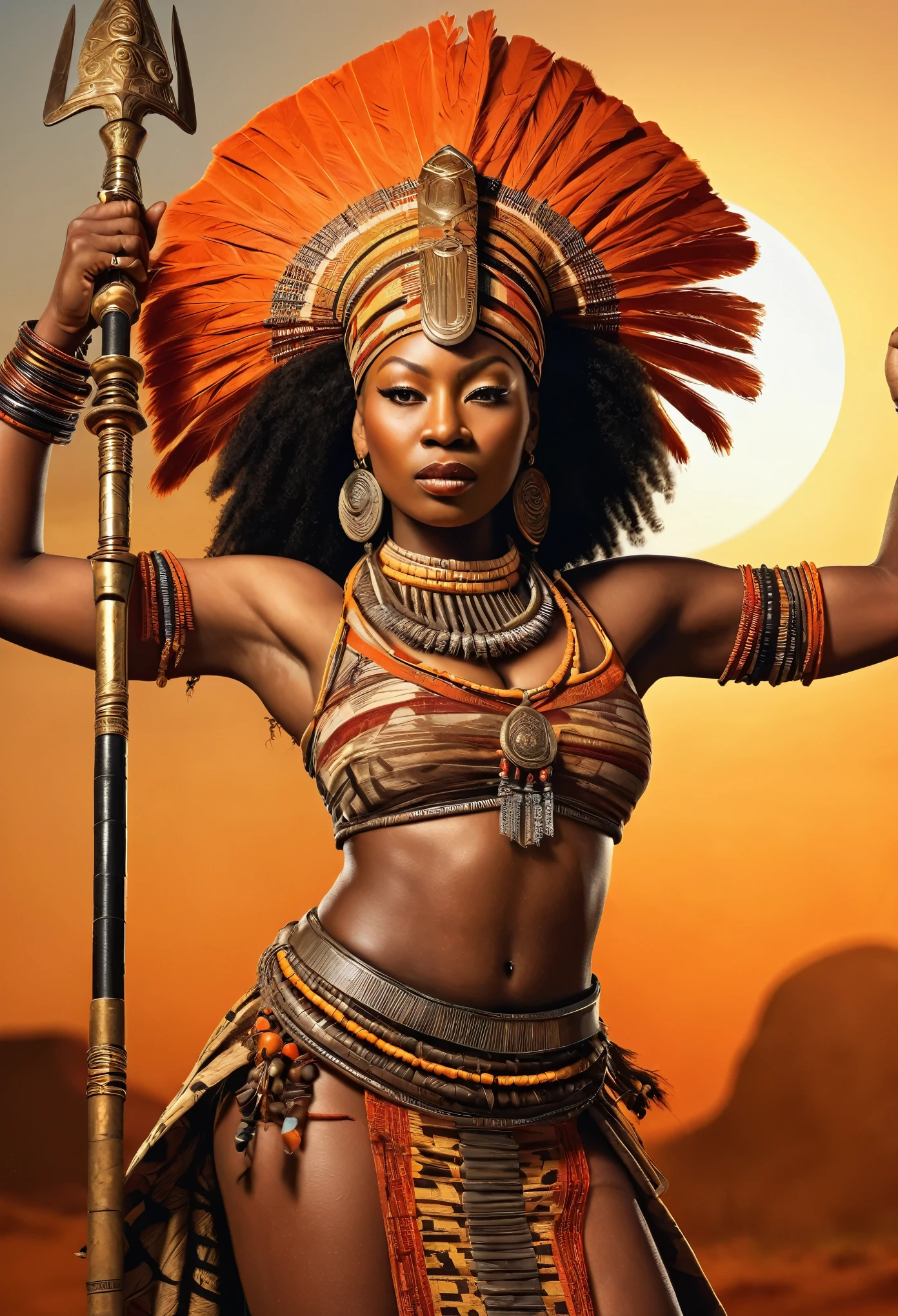 (masterpiece, UHD, highly detailed, hyper realistic skin, Queen Nzinga, (17th-century African warrior attire:1.2), adorned with tribal jewelry, fierce expression, wielding a spear, African savannah background, setting sun, (warm hues of orange and red:1.2), detailed textures, rich colors, imposing presence, full body view, looking at viewer, amazing details, highly detailed armpits, armpits hair, 