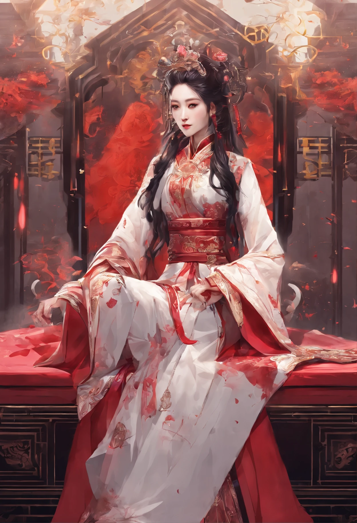 (Hyper-realistic 8K CG:1.2),perfect work of art,Exquisite pattern,Intricate details,(An unrivalled masterpiece,Best quality:1.2),(Extremely complex:1.2),woman in red and gold dress,Phoenix Coronet,Hairpin,(Sit on a red bed),cosmetic,blush,Very shy,Black_hair,look down,cosmetic,(Forehead Point),(2 red candles),Chinese_clothing,curtain,ear nipple ring,hair_decorate,Hanfu,inside the room, Jewel-like,Red nails,long_sleeve,Red Dress,Red lips,Nipple tassels,(Red quilt),(red palace:1.2),(Chinese Ancient Architecture),(rot:1.8),night,Perfect hands
