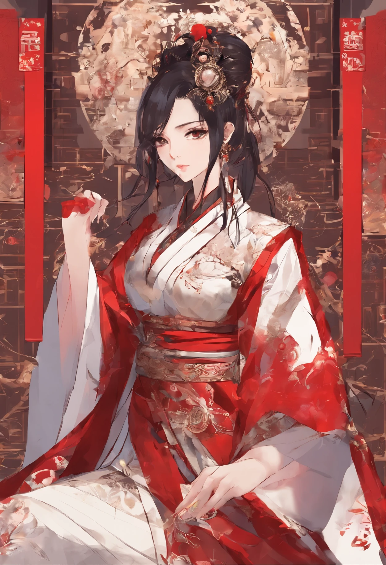 (Hyper-realistic 8K CG:1.2),perfect work of art,Exquisite pattern,Intricate details,(An unrivalled masterpiece,Best quality:1.2),(Extremely complex:1.2),woman in red and gold dress,Phoenix Coronet,Hairpin,(Sit on a red bed),cosmetic,blush,Very shy,Black_hair,look down,cosmetic,(Forehead Point),(2 red candles),Chinese_clothing,curtain,ear nipple ring,hair_decorate,Hanfu,inside the room, Jewel-like,Red nails,long_sleeve,Red Dress,Red lips,Nipple tassels,(Red quilt),(red palace:1.2),(Chinese Ancient Architecture),(rot:1.8),night,Perfect hands
