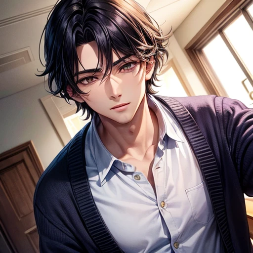 ((best quality)), ((masterpiece)), (detailed), perfect facea male character , black hair, slightly dark purple, hair has bangs, golden eyes slightly yellow.wearing a blue to purple cardigan, wearing a white shirt . manly boy's face .his face is handsome