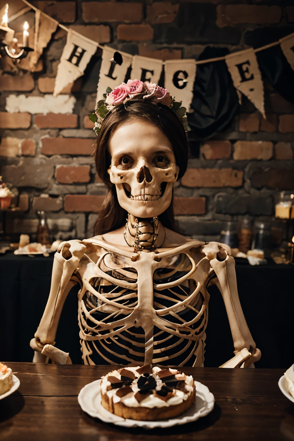 Human skeleton bones celebrating birthday. No skin. No gender. With cake on table