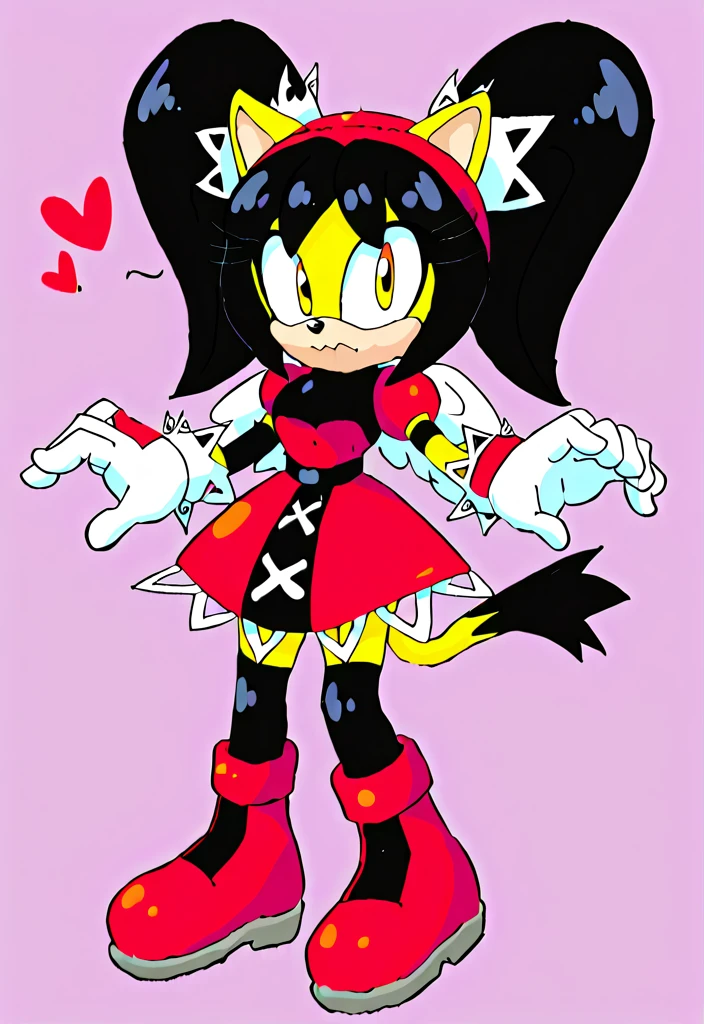 score_9, score_8_up, 2D, flat color, a plain white background with nothing in it, looking at viewer, 1girl, very detailed, extremely detailed, honey the cat from the sonic the hedgehog series, standing, full body, wide hips, narrow waist, curvy, red dress, frilly hair ties, shocked expression, open mout, open hands, wide eyes, black hair, twin tails hair, short red dress with a white trim, heart-shaped part in clothes, heart-shaped part in cloth, red boots whit white cuffs, red headband, white gloves white red cuffs, black stockings