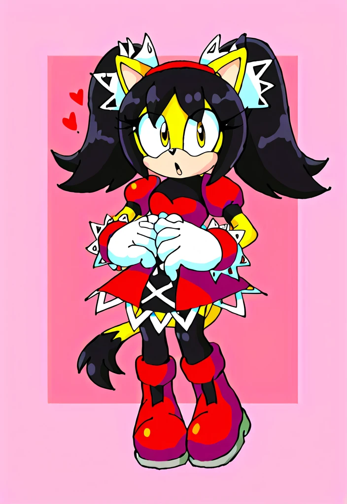 score_9, score_8_up, 2D, flat color, a plain white background with nothing in it, looking at viewer, 1girl, very detailed, extremely detailed, honey the cat from the sonic the hedgehog series, standing, full body, wide hips, narrow waist, curvy, red dress, frilly hair ties, shocked expression, open mout, open hands, wide eyes, black hair, twin tails hair, short red dress with a white trim, heart-shaped part in clothes, heart-shaped part in cloth, red boots whit white cuffs, red headband, white gloves white red cuffs, black stockings