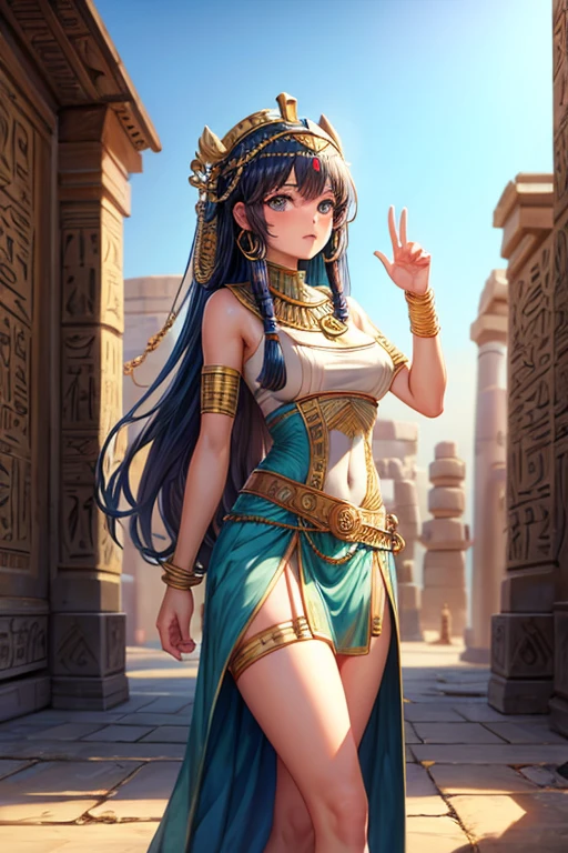 Ancient egypt traits girl, 20 years old, ancient egypt dress, ancient egypt city background