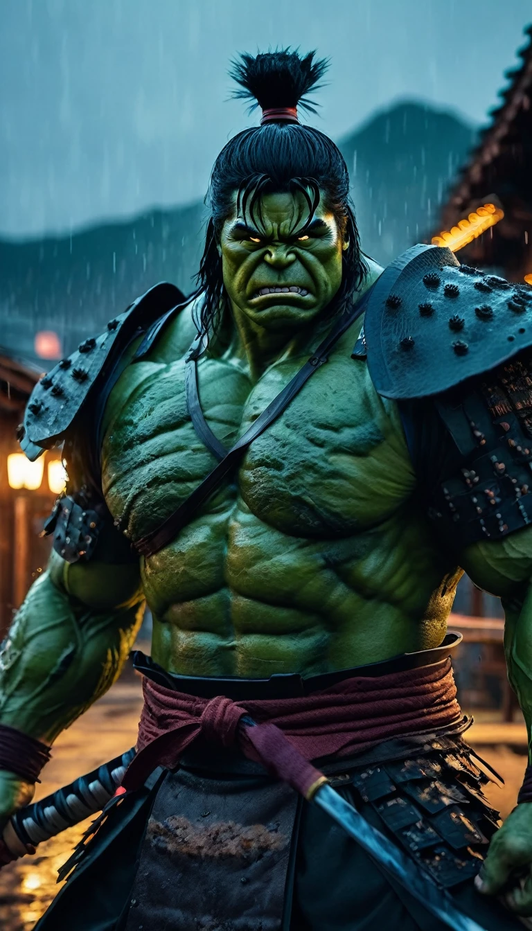 HD Portrait, 8K, a hulk transform to samurai, ((Kabuto)), Take a sword, in Ghost town, evening, Epic detailed, ultra sharp, intricate armor details, style, flash shot, ((horror scfi)), smog, rainy weather, dramatic lighting, The atmosphere looks real, Full body shot exposed, Front angle, Bokeh, Flash photography, cinematic, Hyper realistic, Professional