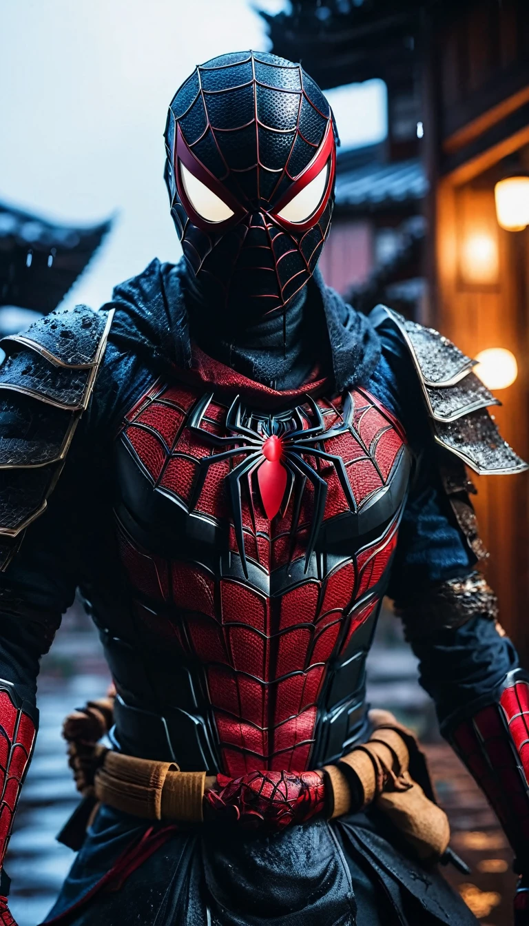 HD Portrait, 8K, a spiderman transform to samurai, ((Kabuto)), Take a sword, in Ghost town, evening, Epic detailed, ultra sharp, intricate armor details, style, flash shot, ((horror scfi)), smog, rainy weather, dramatic lighting, The atmosphere looks real, Full body shot exposed, Front angle, Bokeh, Flash photography, cinematic, Hyper realistic, Professional