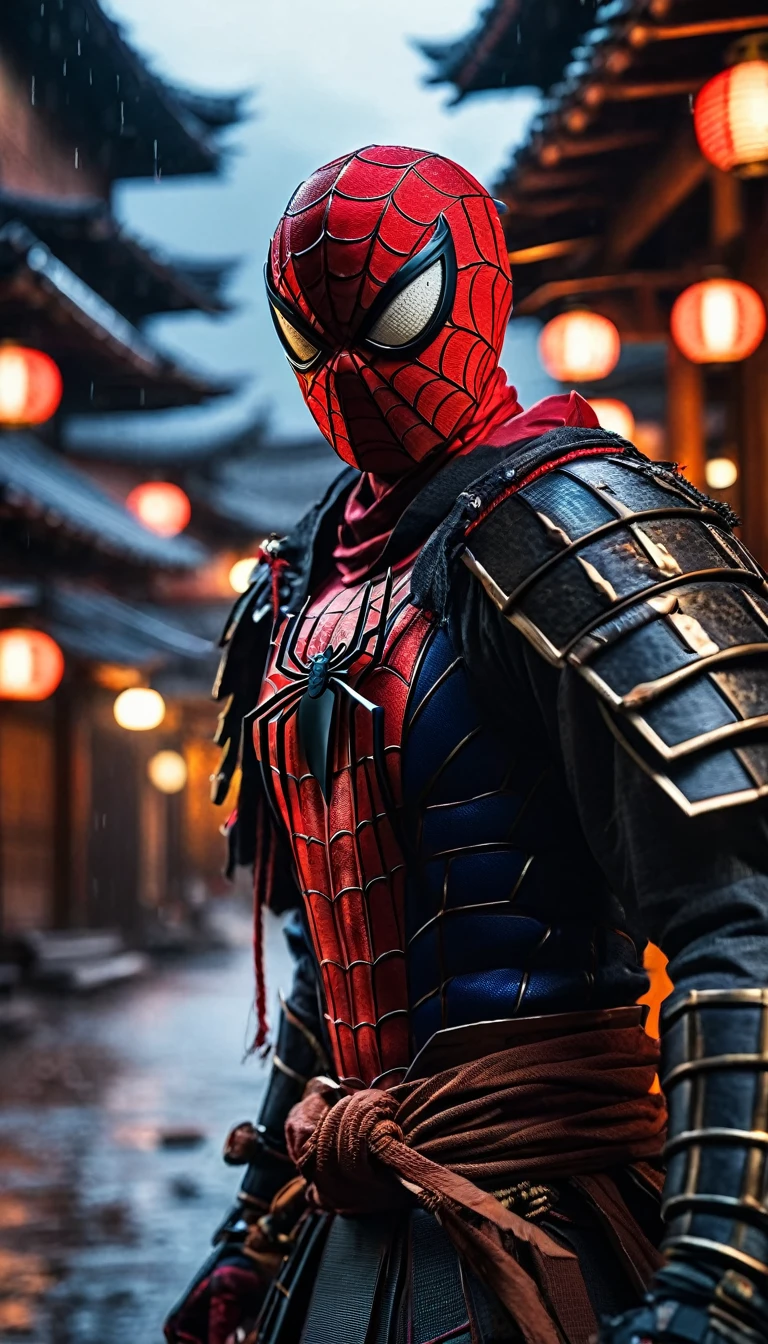 HD Portrait, 8K, a spiderman transform to samurai, ((Kabuto)), Take a sword, in Ghost town, evening, Epic detailed, ultra sharp, intricate armor details, style, flash shot, ((horror scfi)), smog, rainy weather, dramatic lighting, The atmosphere looks real, Full body shot exposed, Front angle, Bokeh, Flash photography, cinematic, Hyper realistic, Professional
