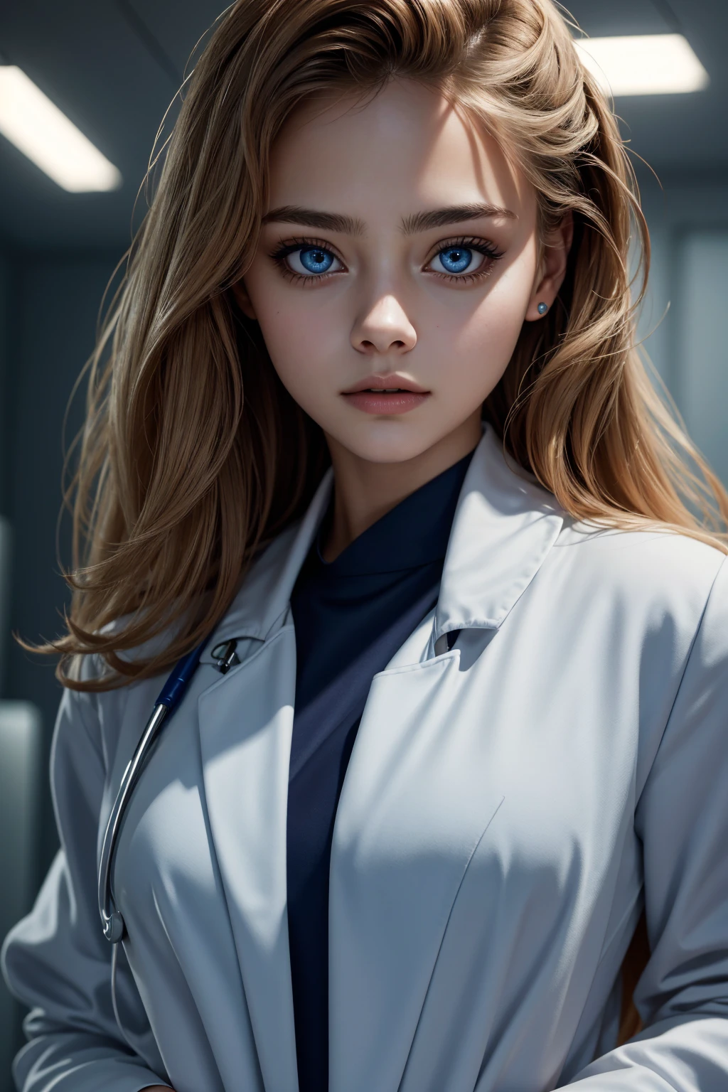Josephine Langford, wearing sexy doctors uniform. open jacket, lingeie. professionally retouched, soft lighting, realistic, smooth face, perfect eyes, sharp focus on eyes, 8 k, high definition, insanely detailed, intricate, elegant. in a Playboy background.