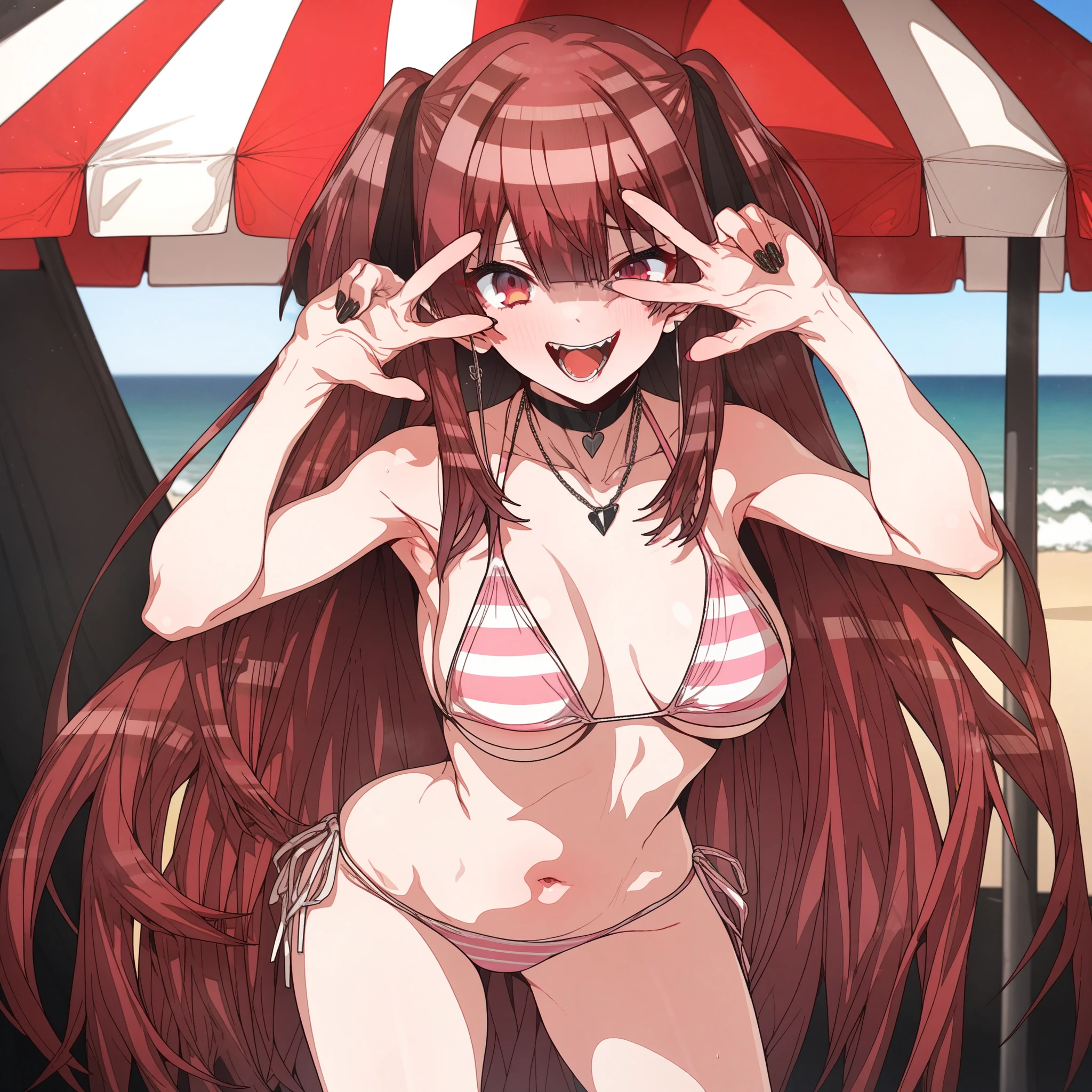 houshou_marine, Artist, erere, Copyrights, idolmaster, idolmaster_shiny_colors, Character, General, 1girl, red_hair, blunt_bangs, blush, large_breasts, breasts, smile, brown_eyes, censored, long_hair, striped bikini, pink_bikini, frilled_bikini, navel, open_mouth, raised_eyebrows, teeth, two_side_up, (full_body) (standing in middle, beach_umbrella), sky, [detailed, sand, outdoors], looking_at_viewer, facing_viewer, masterpiece, best_quality, great_quality, girl, solo, center_composition, centered character, v_over_eye, hand_on_hip
