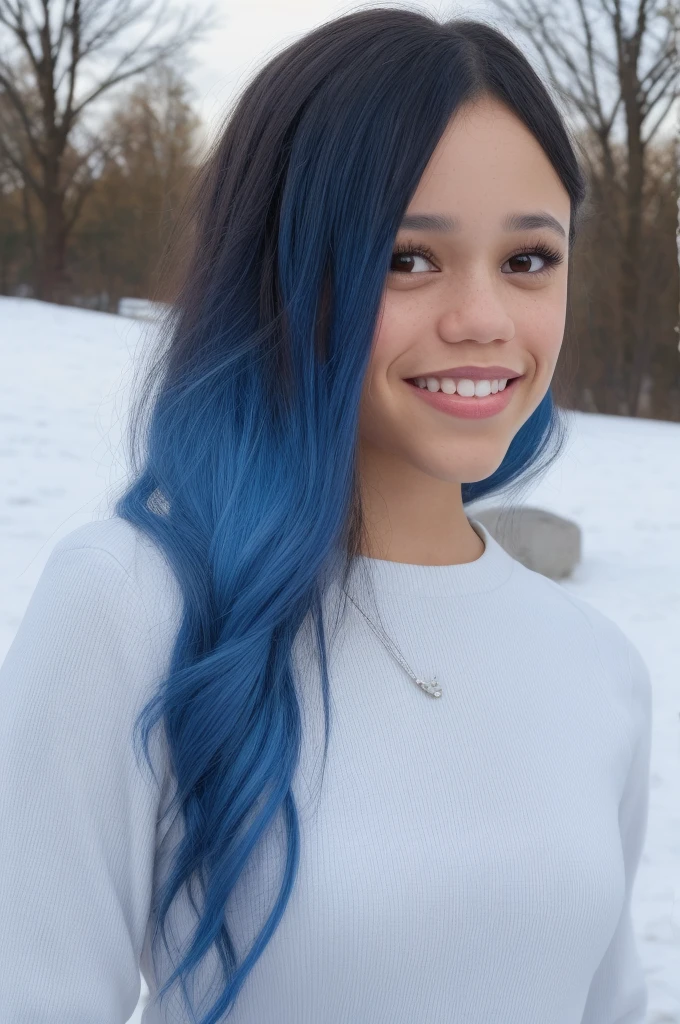 Jortega, atriz Jenna ortega, a photo of a beautiful woman, white long sleeve top, close up portrait, brown eyes, snow, sunny, bright, (smiling), (long hair, blue hair), posing for a picture, subject focus, striking a pose, perfect lighting, jewelry, makeup, 24mm, 4k textures, looking at viewer, making eye contact, realistic, 8k, dslr.