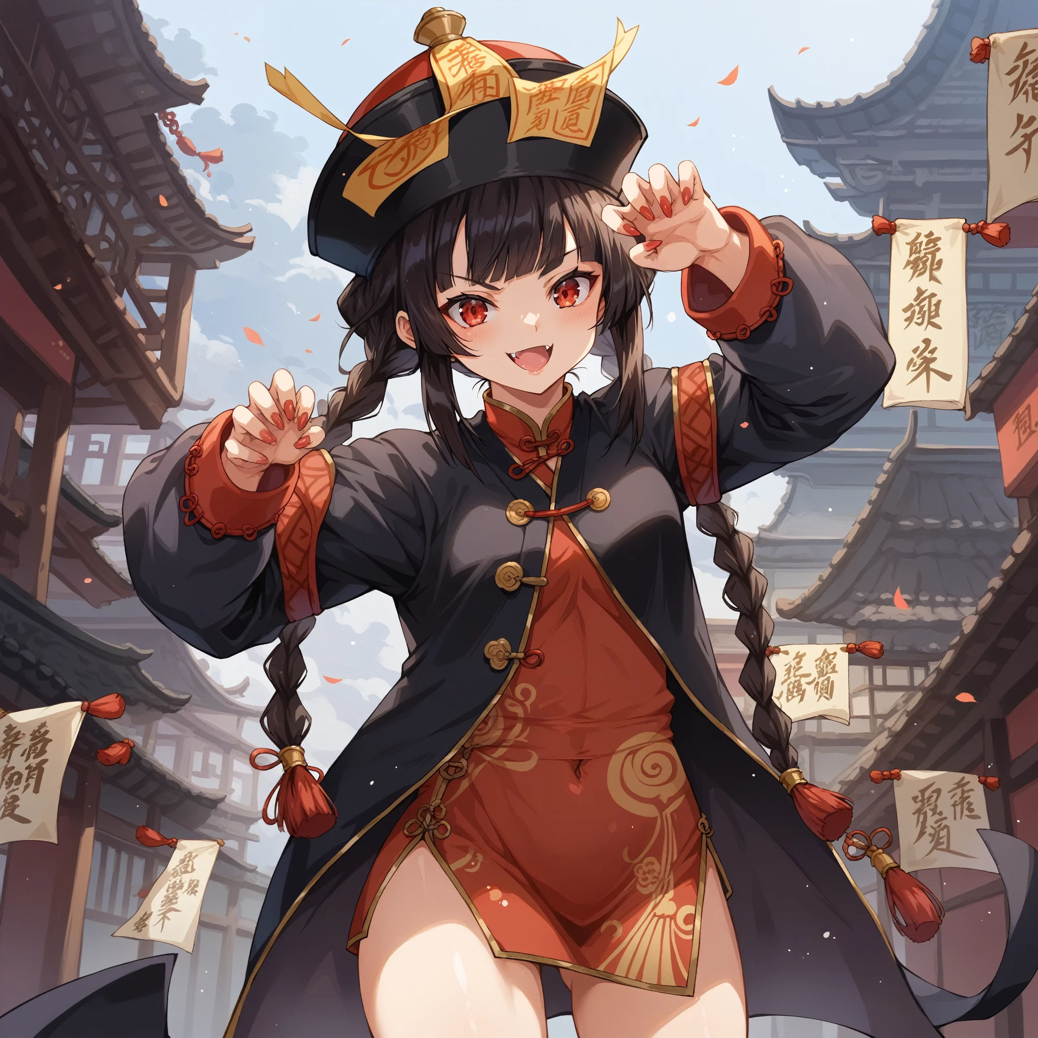 score_9, score_8_up, score_7_up, source_anime,masterpiece, best quality, high resolution, extremely detailed CG, absurdres, highres, 1girl, solo, jiangshi, twin braids, blunt bangs, red eyes, qingdai guanmao with a ofuda, Chinese clothes, claw, ((kung fu pose)), small fangs, cute, kawaii, better_hands, sunglass on head, China building in background