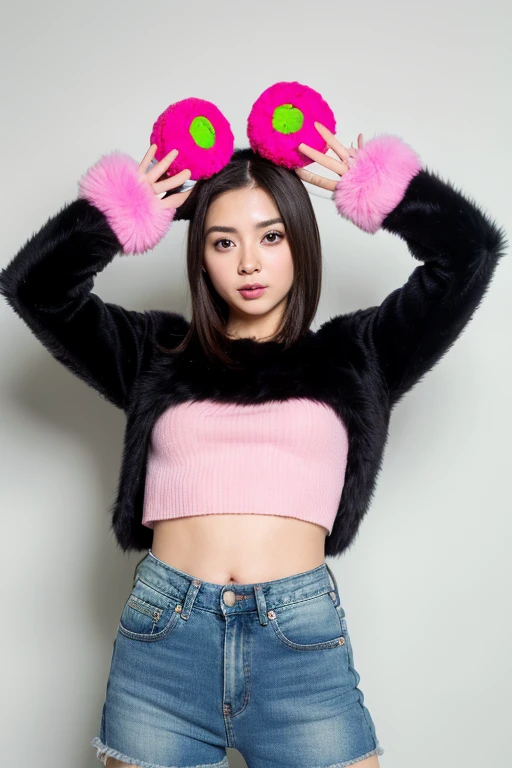 Uma garota coreana realista, dark hair blue eyes a pink top short jeans furry gloves and a candy in her hand, melhor qualidade