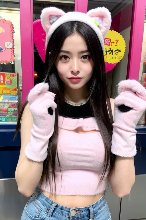 Uma garota coreana realista, dark hair blue eyes a pink top short jeans furry gloves and a candy in her hand, melhor qualidade 