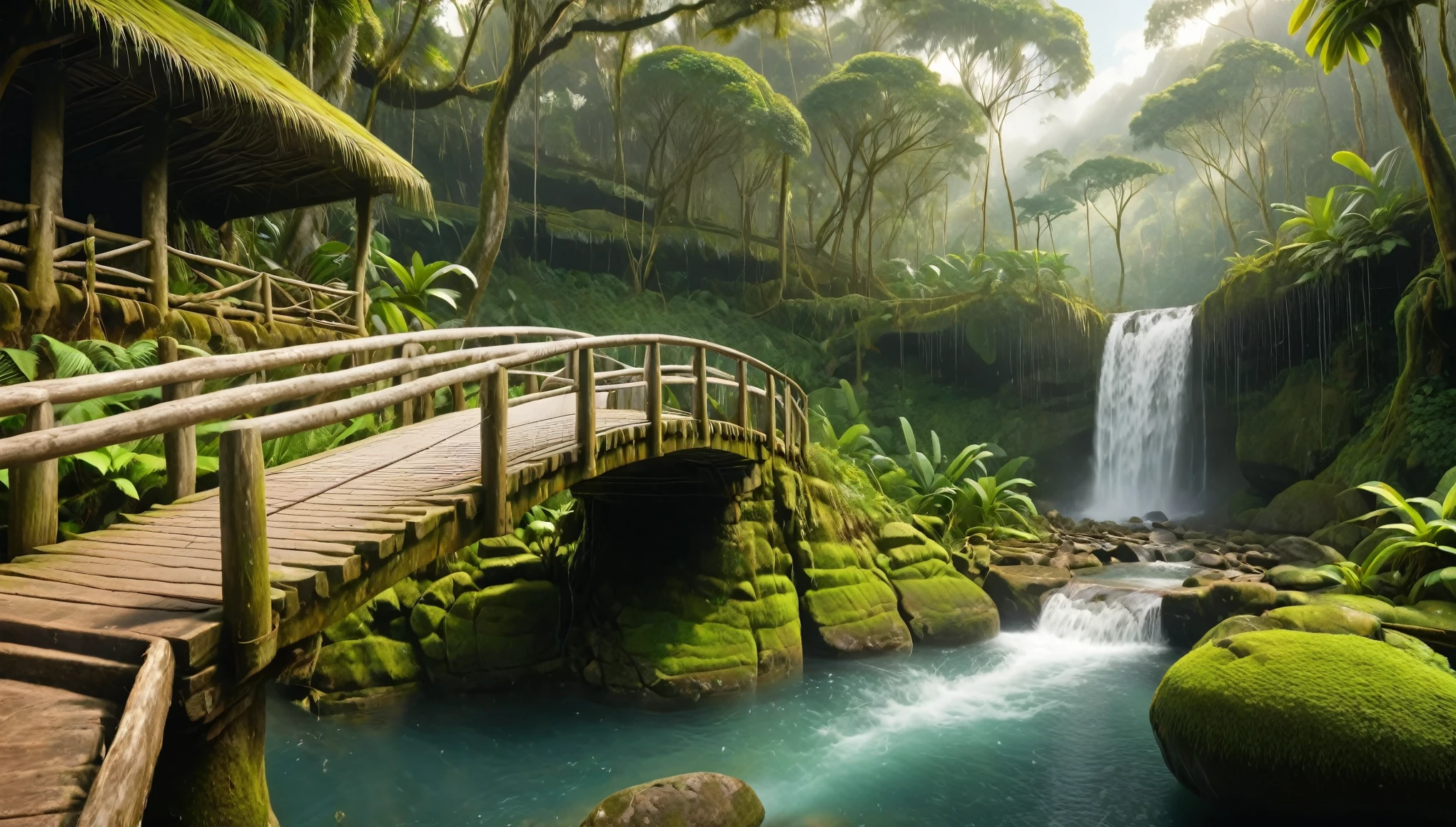 A rustic wooden bridge in front of a tall, cascading waterfall set in a lush, tropical rainforest. The scene is misty with sunlight filtering through the dense canopy above. The environment is rich with green foliage and moss-covered rocks, and the atmosphere feels cool and refreshing. The bridge appears worn and natural, made from logs and planks, adding a sense of adventure and exploration. Birds flying overhead and monkeys swinging in the trees. The overall scene should capture a sense of excitement, nature, and tranquility. hyper realistic, vibrant colors, 8k