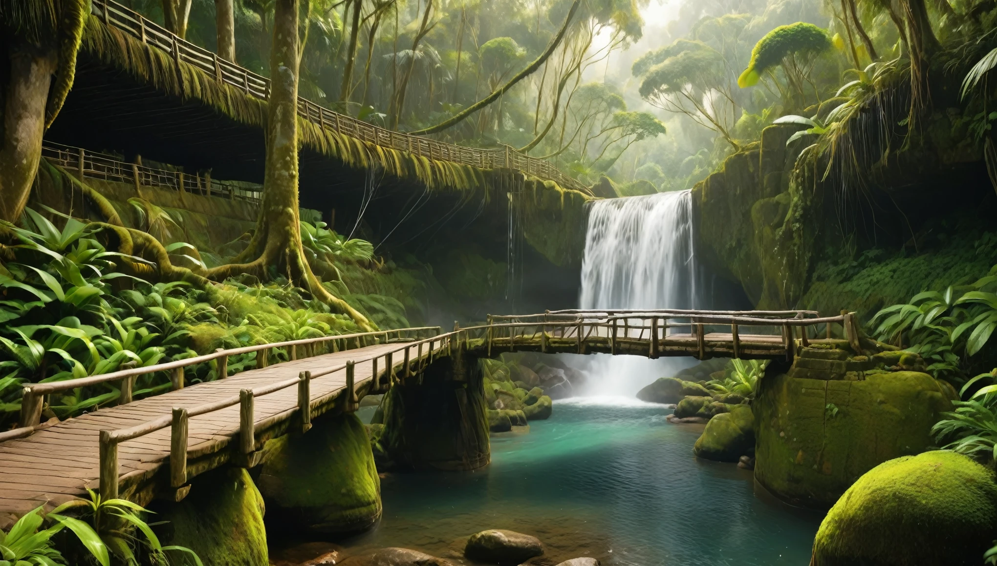 A rustic wooden bridge in front of a tall, cascading waterfall set in a lush, tropical rainforest. The scene is misty with sunlight filtering through the dense canopy above. The environment is rich with green foliage and moss-covered rocks, and the atmosphere feels cool and refreshing. The bridge appears worn and natural, made from logs and planks, adding a sense of adventure and exploration. Birds flying overhead and monkeys swinging in the trees. The overall scene should capture a sense of excitement, nature, and tranquility. hyper realistic, vibrant colors, 8k