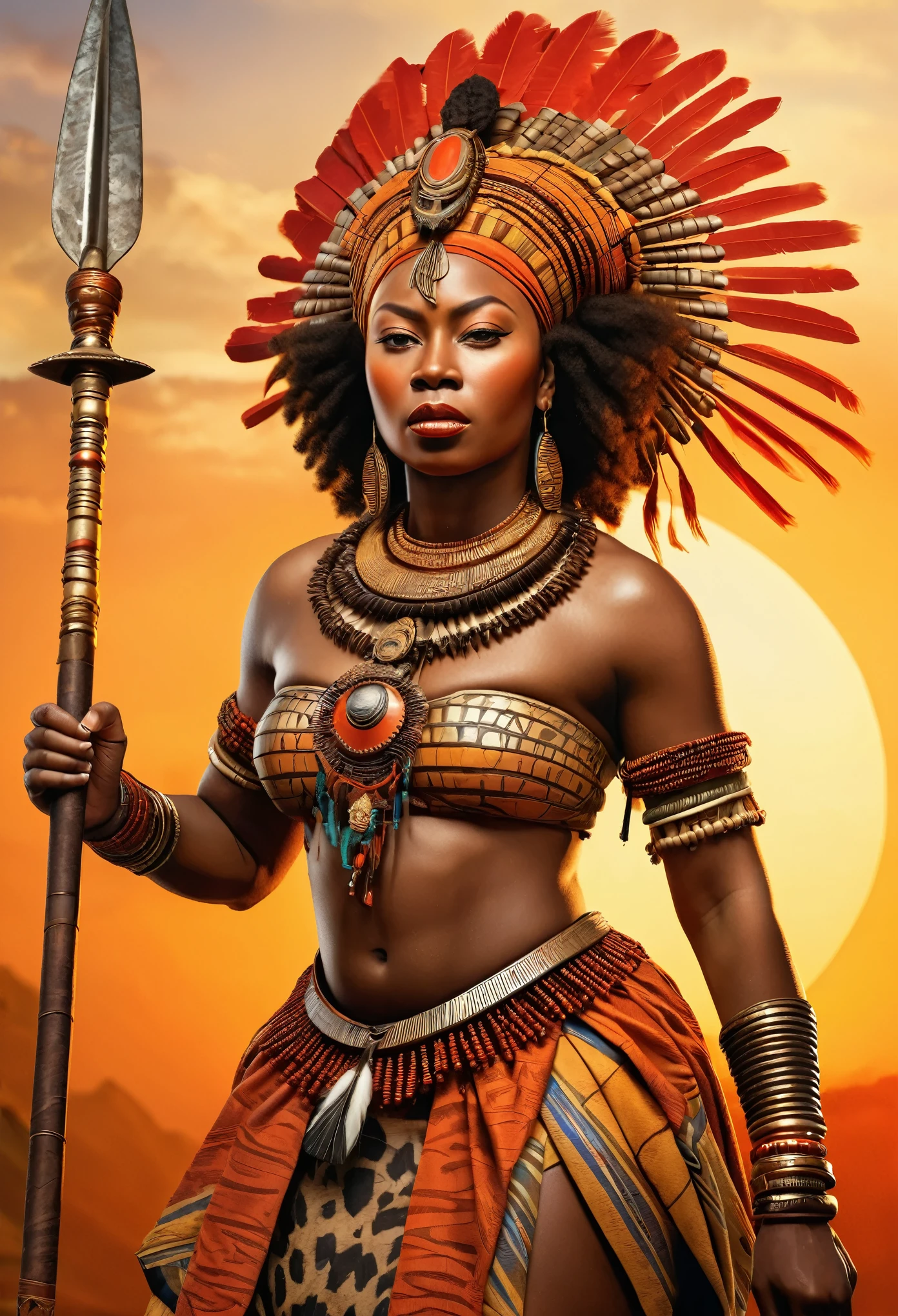 (masterpiece, UHD, highly detailed, hyper realistic skin, Queen Nzinga, (17th-century African warrior attire:1.2), adorned with tribal jewelry, fierce expression, wielding a spear, African savannah background, setting sun, (warm hues of orange and red:1.2), detailed textures, rich colors, imposing presence, full body view, looking at viewer.