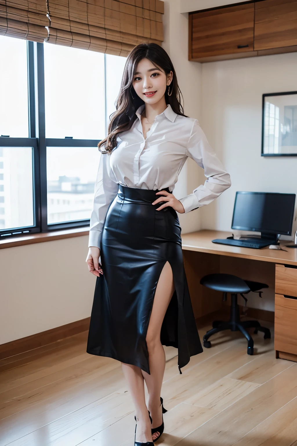 ((top-quality、masterpiece、photographrealistic:1.4、in 8K))、Beautuful Women1a person、25years old、beautiful hairl、delicate and beautiful face、Eyes and faces with detailed 、(Colossal tits:1.3)、(Modern workplace with computer:1.2)、(Shirt:1.2)、(standing:1.2)、A smile、Beautiful lighting、Textured skin、Super Detail、high detailing、High quality、hight resolution、(looking at the viewers)、Detailed mouth、Opening Mouth、bangss、full body Esbian、tight skirts、Women at work、Stockings、Coffee、window、Mature clothes、Women who can work、high-heels