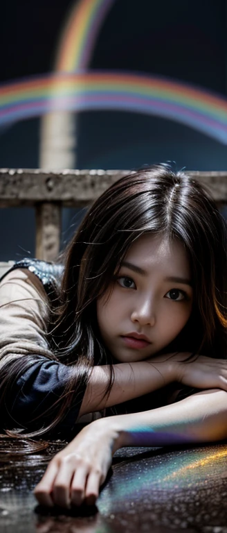 Beautiful girl with dirty skin, Messy long hair, big eyes,Have dark circles, Drugged, Dilated pupils, ruined clothes, sit on the floor,There are puddles in the ground, Break the wall, There are dark clouds in the sky, {Unity Wallpaper Extremely Detailed 8k CG}, Expansive landscape photography, (Top view,Focus on the character and the sky above), (Broaden your horizons), (High Angle Shot), (emphasize: 1.3), ( Low light: 1.8), (Warm light source: 1.3), Intricate details, (Rainbow Colors: 1.6), (Bright Lights), (Atmospheric lighting), Abstract, Surrealism, Dramatic